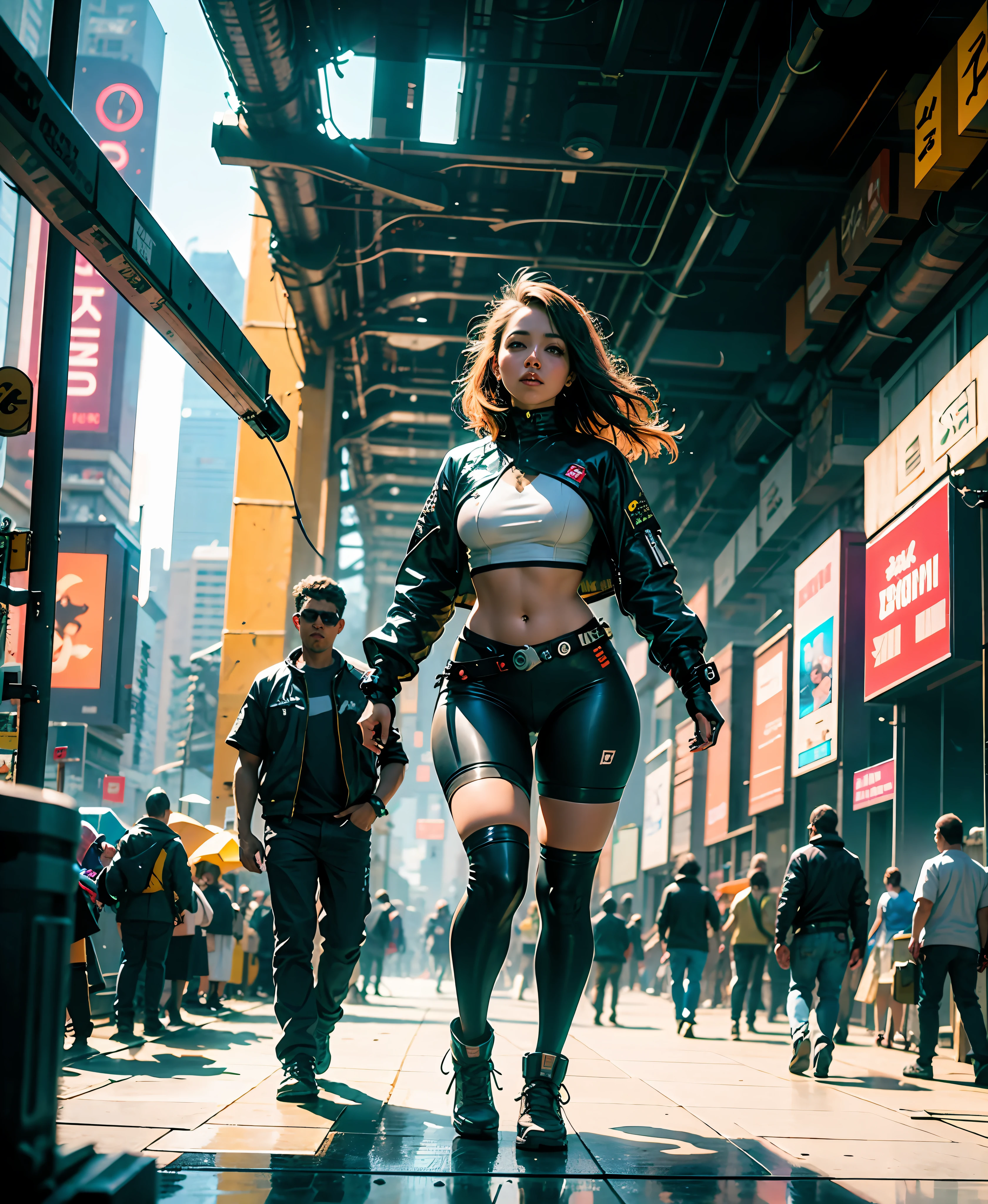 There is a woman walking down a city street in a leather outfit - SeaArt AI