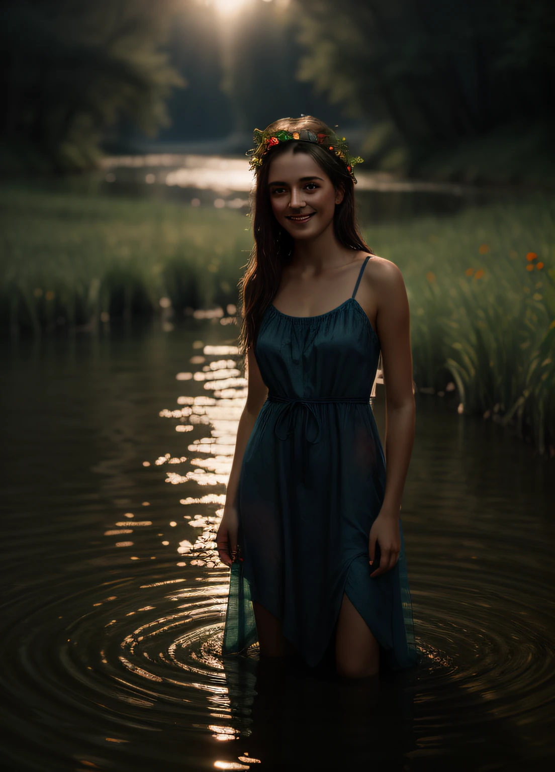 portrait of a cute woman, she is standing waist-deep in the river, a wet translucent nightgown, a wreath of wild flowers floats along the river, a beautiful sweet face, a shy smile, reeds, (backlighting), realistic, masterpiece, highest quality, lens flare, shade, bloom, [[chromatic aberration]], by Jeremy Lipking, by Antonio J. Manzanedo, digital painting