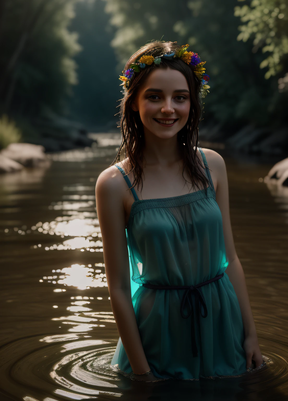 portrait of a cute woman, she is standing waist-deep in the river, a wet translucent nightgown, a wreath of wild flowers floats along the river, a beautiful sweet face, a shy smile, reeds, (backlighting), realistic, masterpiece, highest quality, lens flare, shade, bloom, [[chromatic aberration]], by Jeremy Lipking, by Antonio J. Manzanedo, digital painting