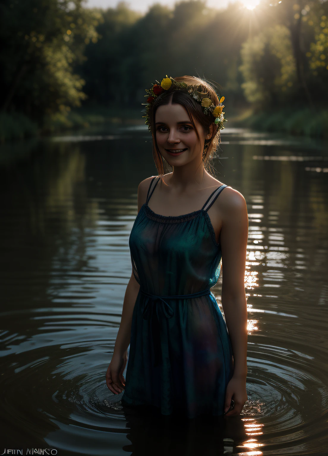 portrait of a cute woman, she is standing waist-deep in the river, a wet translucent nightgown, a wreath of wild flowers floats along the river, a beautiful sweet face, a shy smile, reeds, (backlighting), realistic, masterpiece, highest quality, lens flare, shade, bloom, [[chromatic aberration]], by Jeremy Lipking, by Antonio J. Manzanedo, digital painting