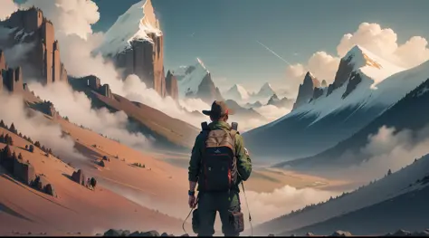 (Detailed description) (melhor qualidade) Man with backpack on his back in the middle of mountains with open arms