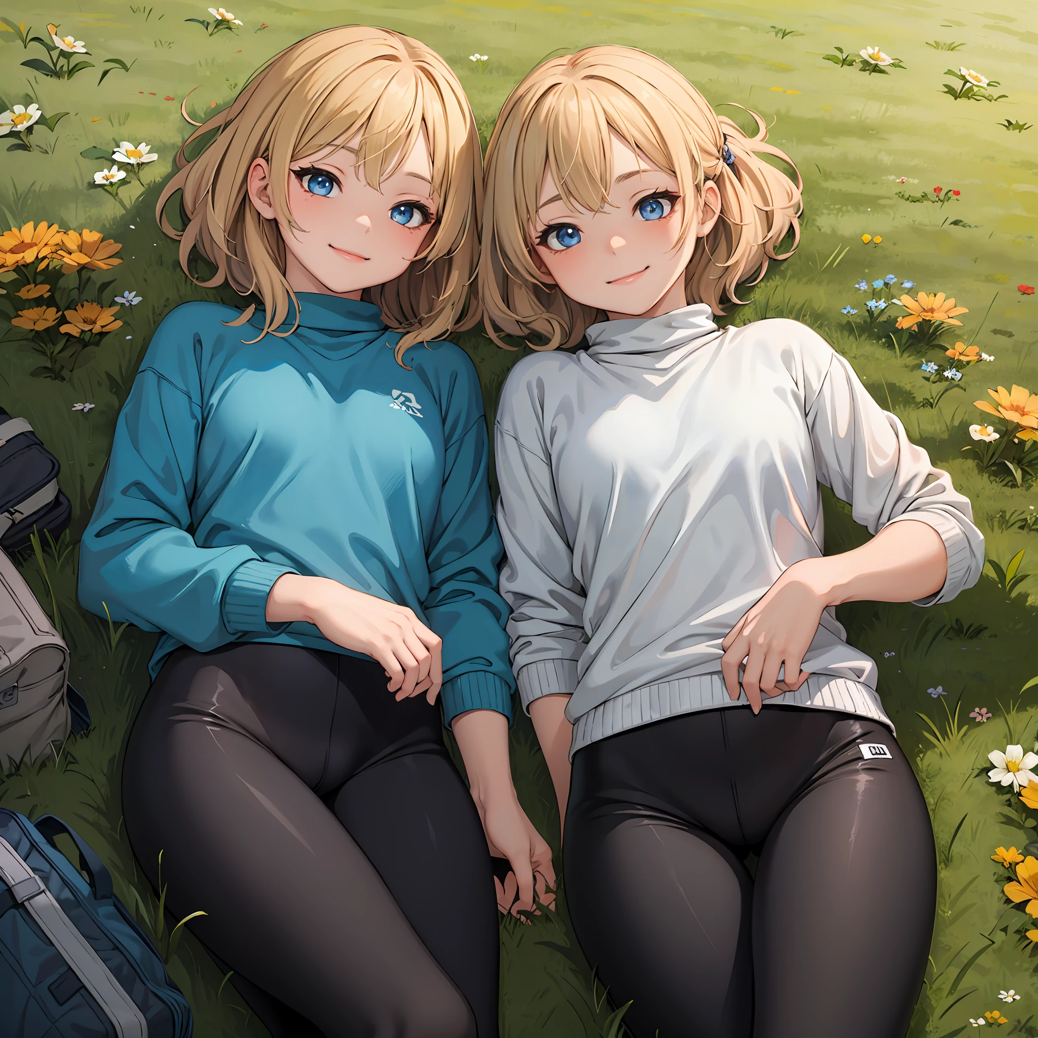 best quality, masterpiece, small breasts, smile, sweatshirt, leggings, outdoors, anime style, grass field, daytime, blue sky, blue eyes, detailed eyes, medium hair, blonde hair, loose hair, bangs, lying down, ass,