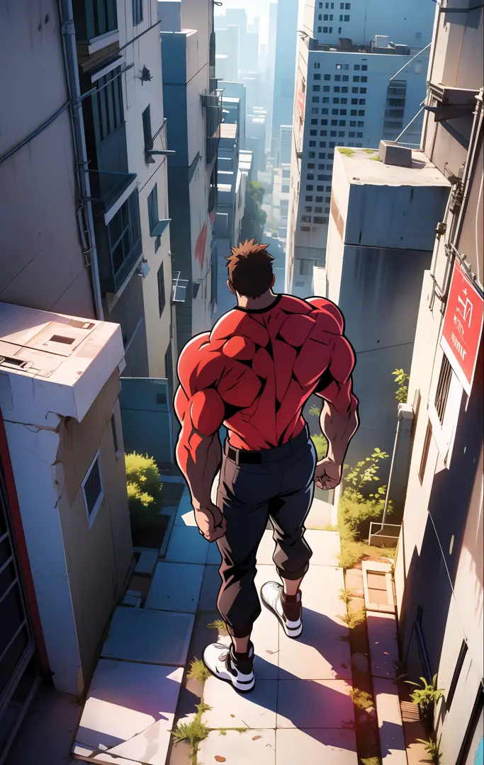 generate anime-style artwork with a high-angle shot of a muscular male character with his back facing the camera, the character ...