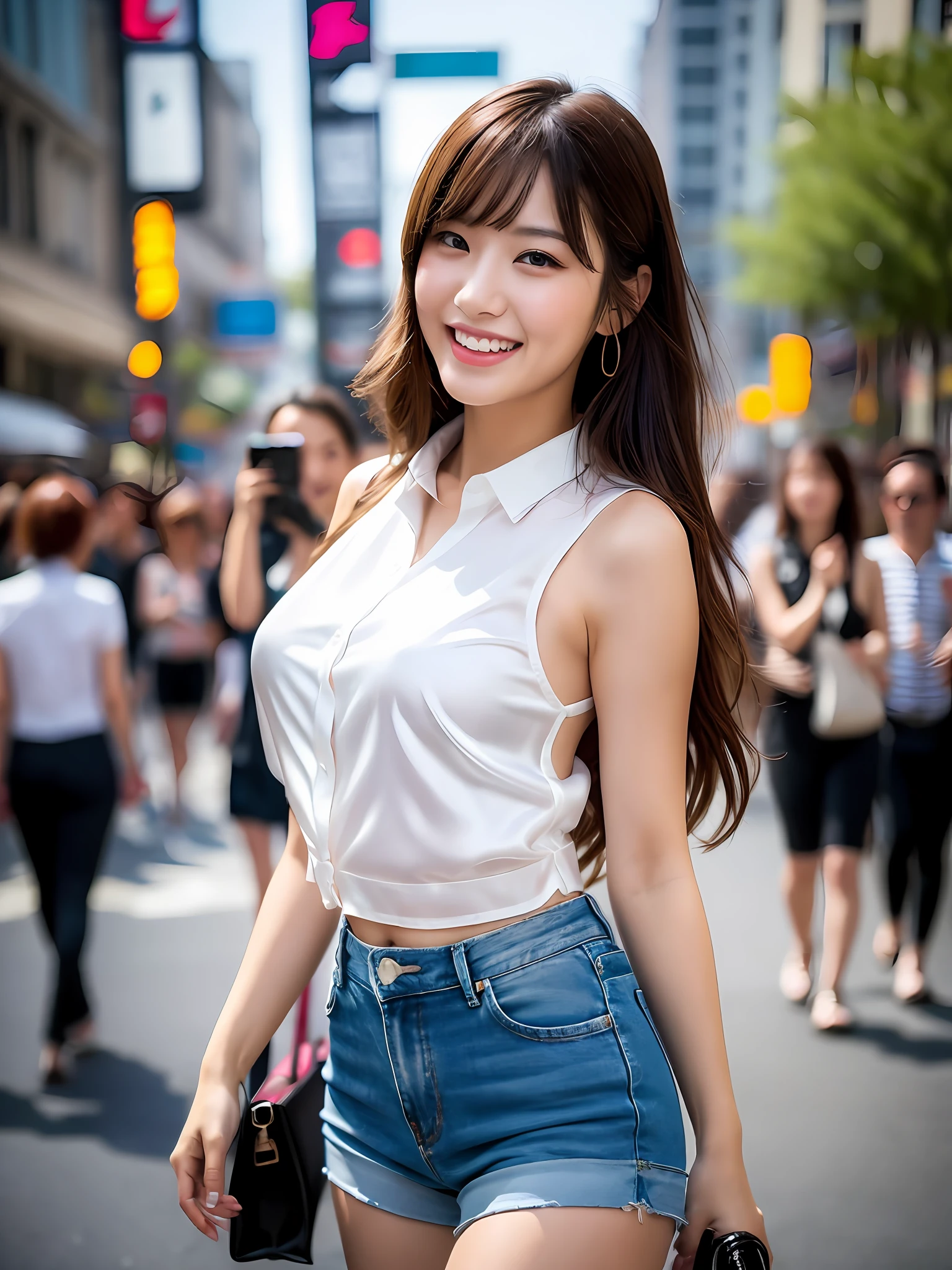 masterpiece, cowboy shot, front view, 1 woman per 1 photo, a Japanese young pretty woman, hyper pretty face, 18 years old, glamorous figure, wearing a sleeveless shiny satin white silk blouse with collared, wearing hot pants of denim, unbuttoned her shirt on her chest, carrying a large tote bag on her back, walking in crowd on the street, a big smile, naked legs, glossy lips, double eyelids for both eyes, natural makeup, long eyelashes, shiny smooth light brown hair of medium length, asymmetrical bangs, tanned skin, central image, 8K resolution, high detail, detailed hairstyle, detailed face, movie lighting, octane rendering, vibrant, hyper realistic, perfect limbs, perfect anatomy