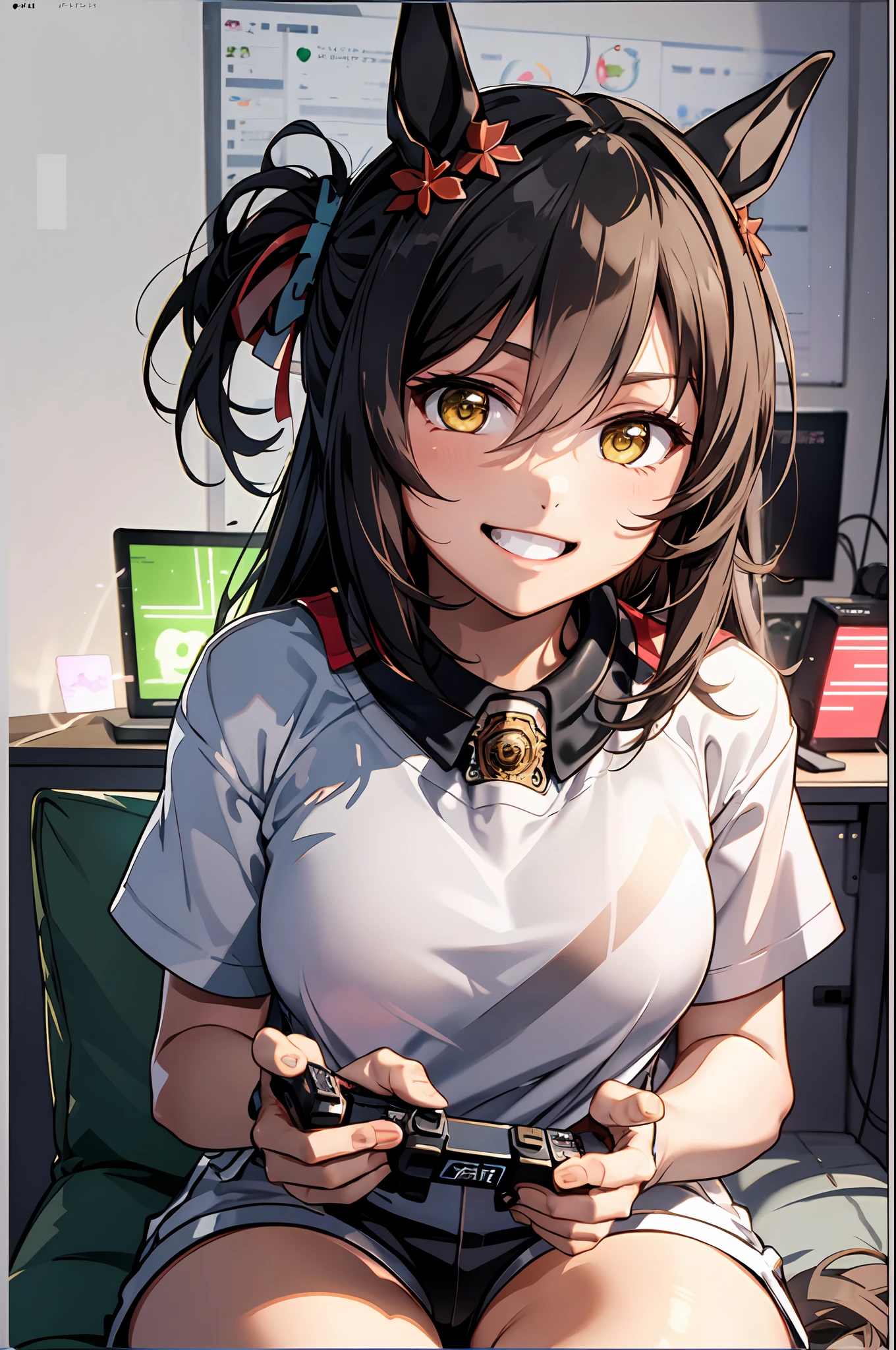 Meisterwerk, beste Qualität, Feine Bewegung \(umamusume\),Pferdeohren, Pferdeschwanz, Leichtes Lächeln, weißes T-Shirt, kurze Hose, Blick auf einen großen Bildschirm, der Monitor zeigt ein Spiel, Halten des Controllers, Sitzung, Sitzung in front of a monitor, Nahaufnahme Weitwinkel,