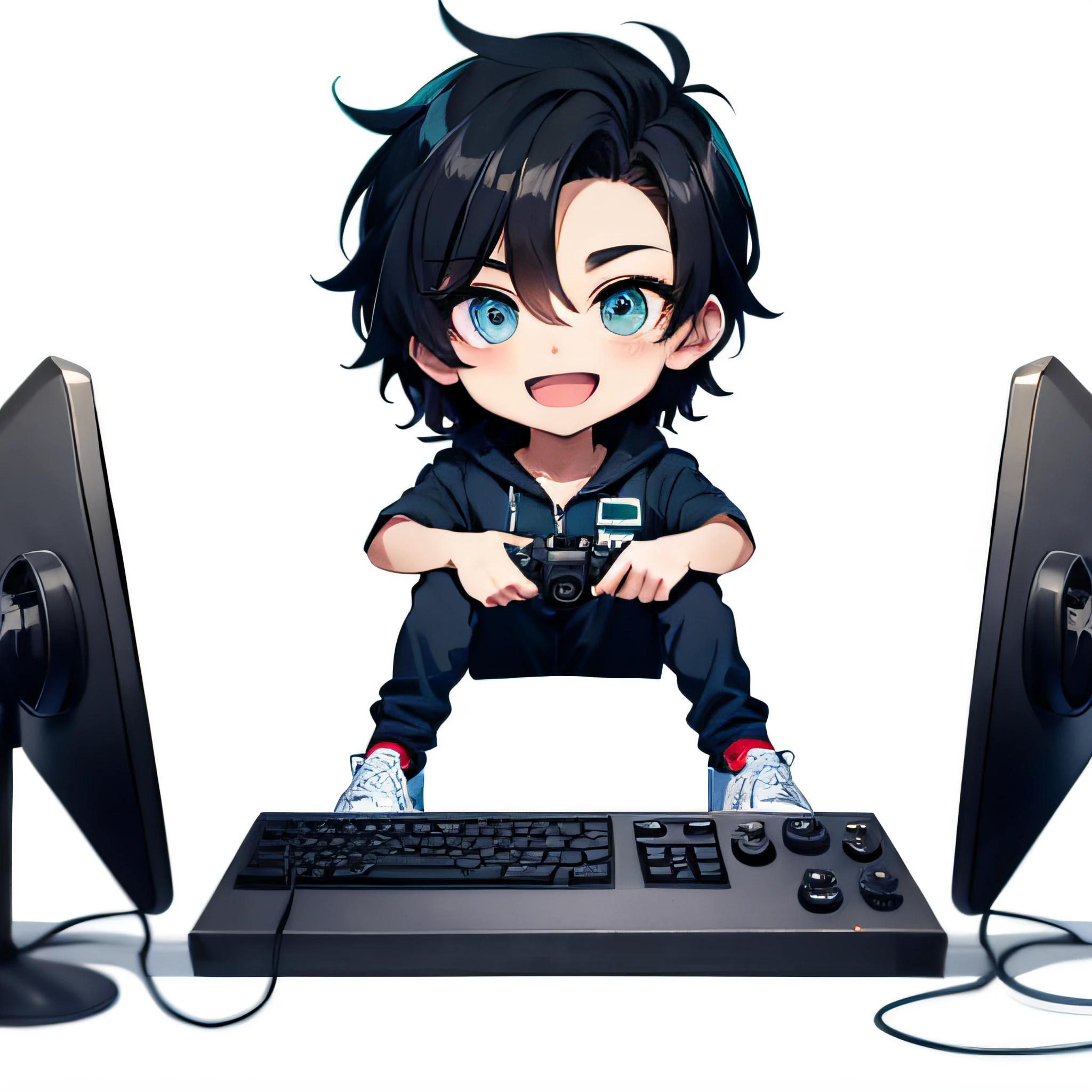 1boy, 独奏, (emote twitch: 1), chibi, Bblack hair, eyes browns, large gaming headset, holding joystick, Grinning, upperbody, Cartoon s, White background, sticker, thick black outlines,