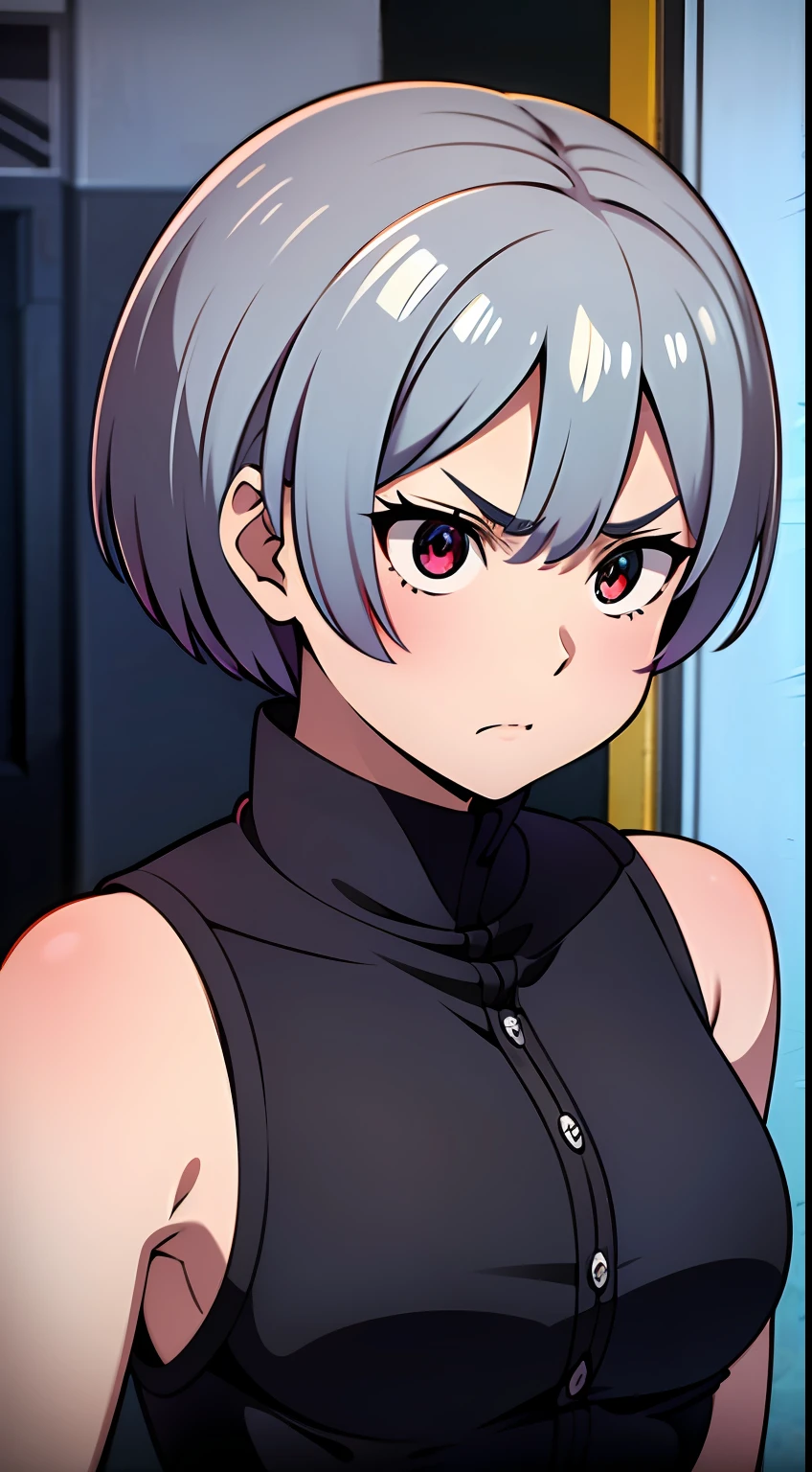 REM REZERO, cabello corto, grey hair, ojos rojos, rostro enojado, angry, sleeveless shirt, black shirt, senos grandes, Vaqueros negros, en medio de la calle, retrato,