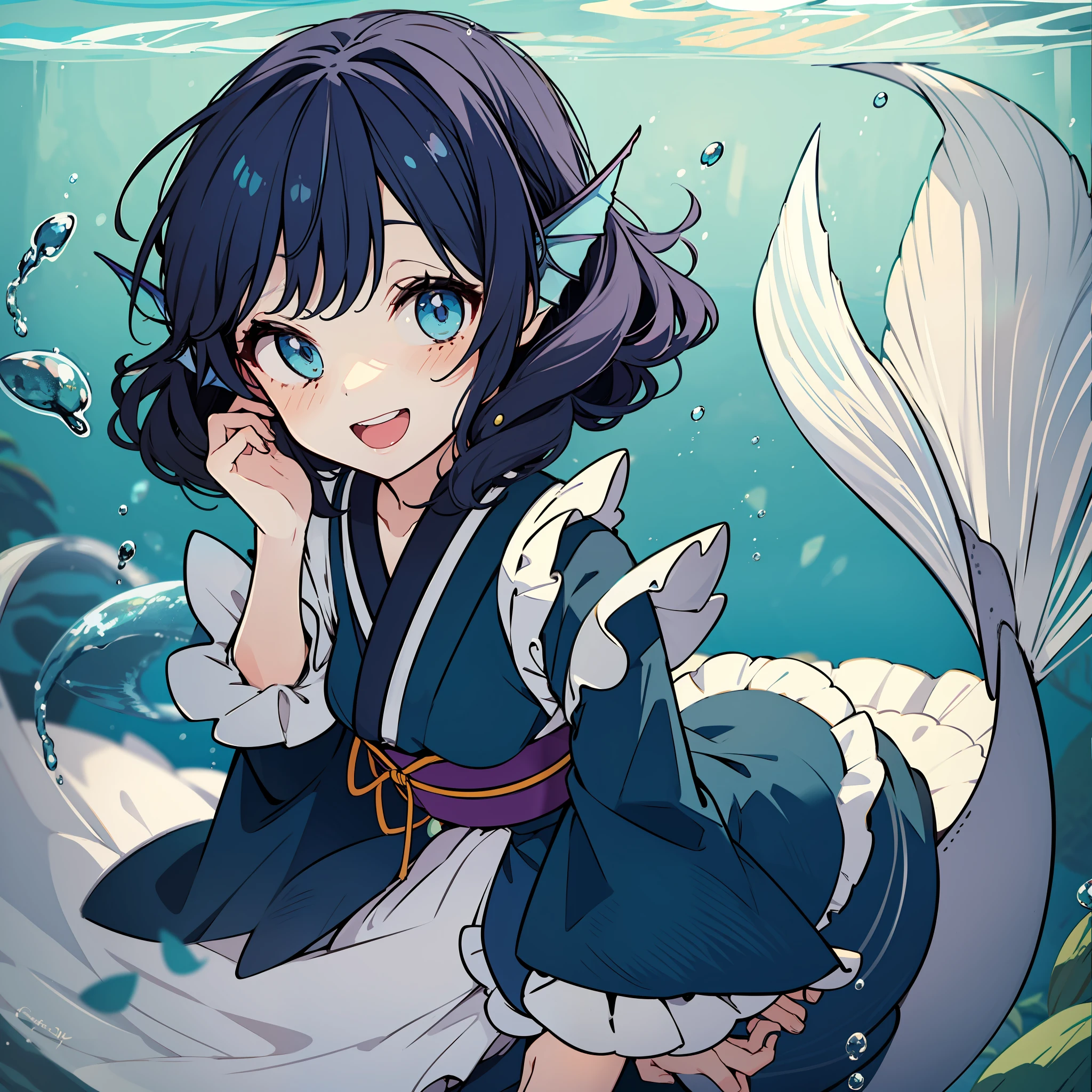 an anime character that is dressed up as a mermaid is talking, 1girl, mermaid, wakasagihime, monster girl, solo, kimono, blue eyes, japanese clothes, blue hair, green kimono, head fins, underwater, open mouth, sash, smile, wide sleeves, short hair, frilled kimono, obi, bubble, frills, long sleeves