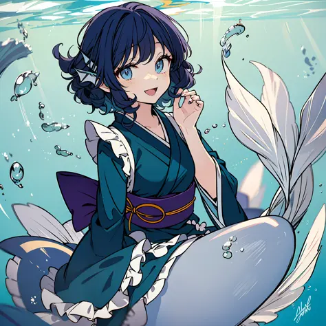 an anime character that is dressed up as a mermaid is talking, 1girl, mermaid, wakasagihime, monster girl, solo, kimono, blue ey...