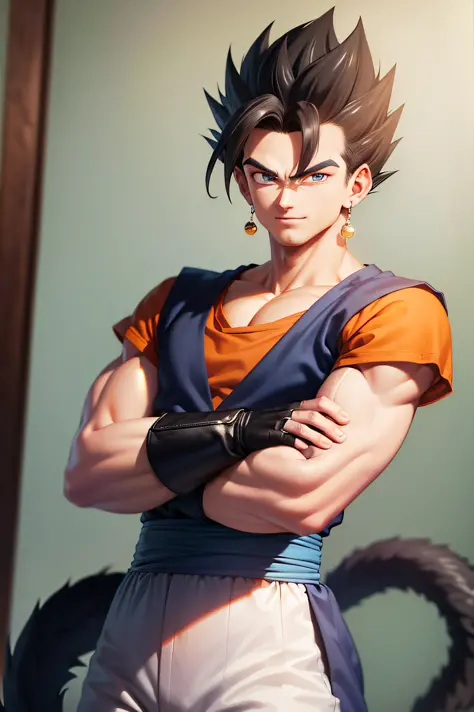 (masterpiece, best quality:1.2), cowboy shot, solo, male focus, 1boy, vegetto, smile, looking at viewer, crossed arms, black hai...