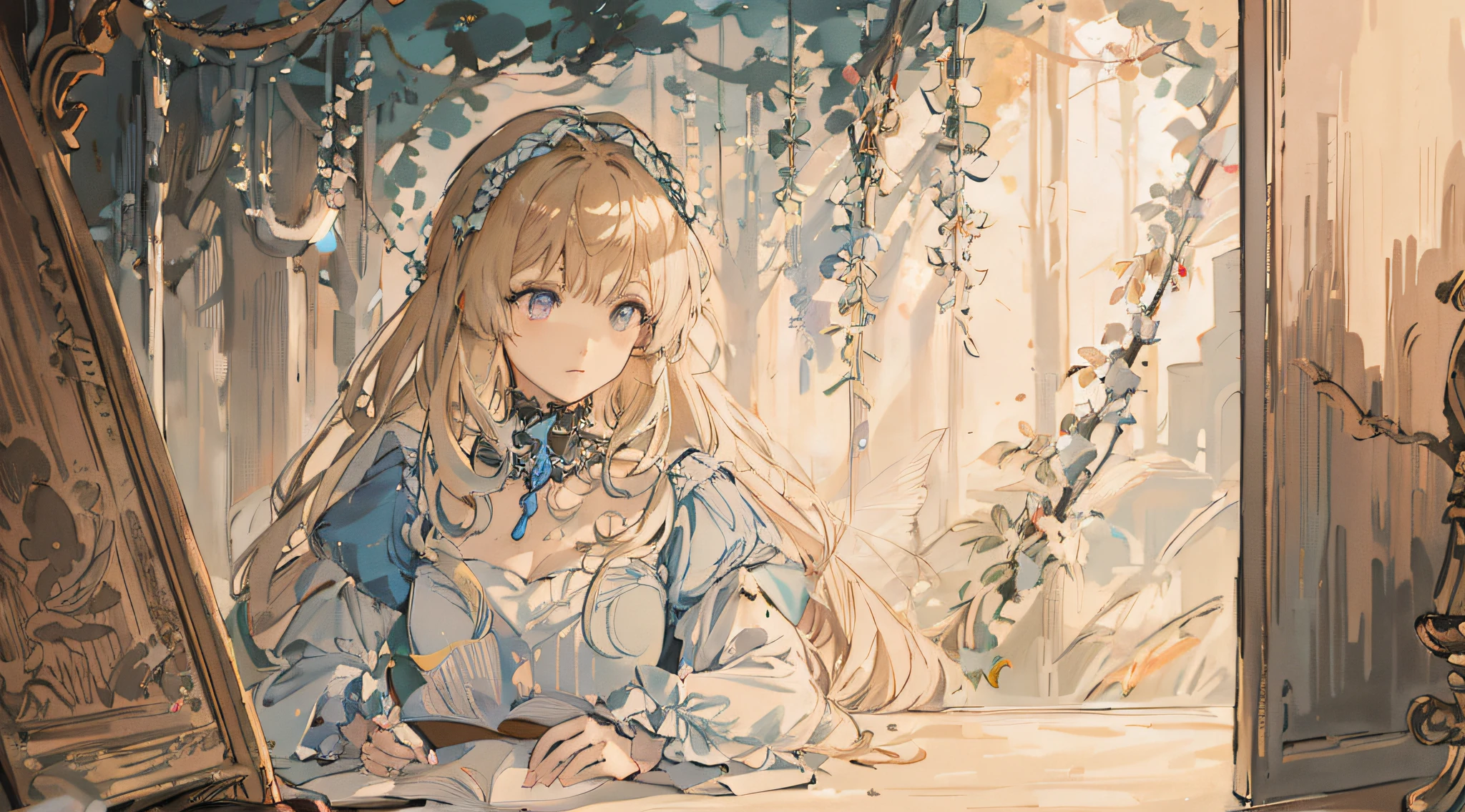 Draw a girl sitting in front of the window looking at a book, Beautiful anime art, a beautiful anime portrait, portrait of lolita, Beautiful anime artwork, beautiful anime art style, zerochan art, a maid in a magical forest, Violet Evergarden, Portrait of an anime girl, detailed anime art, anime illustration, Blonde anime girl with long hair, blond-haired princess