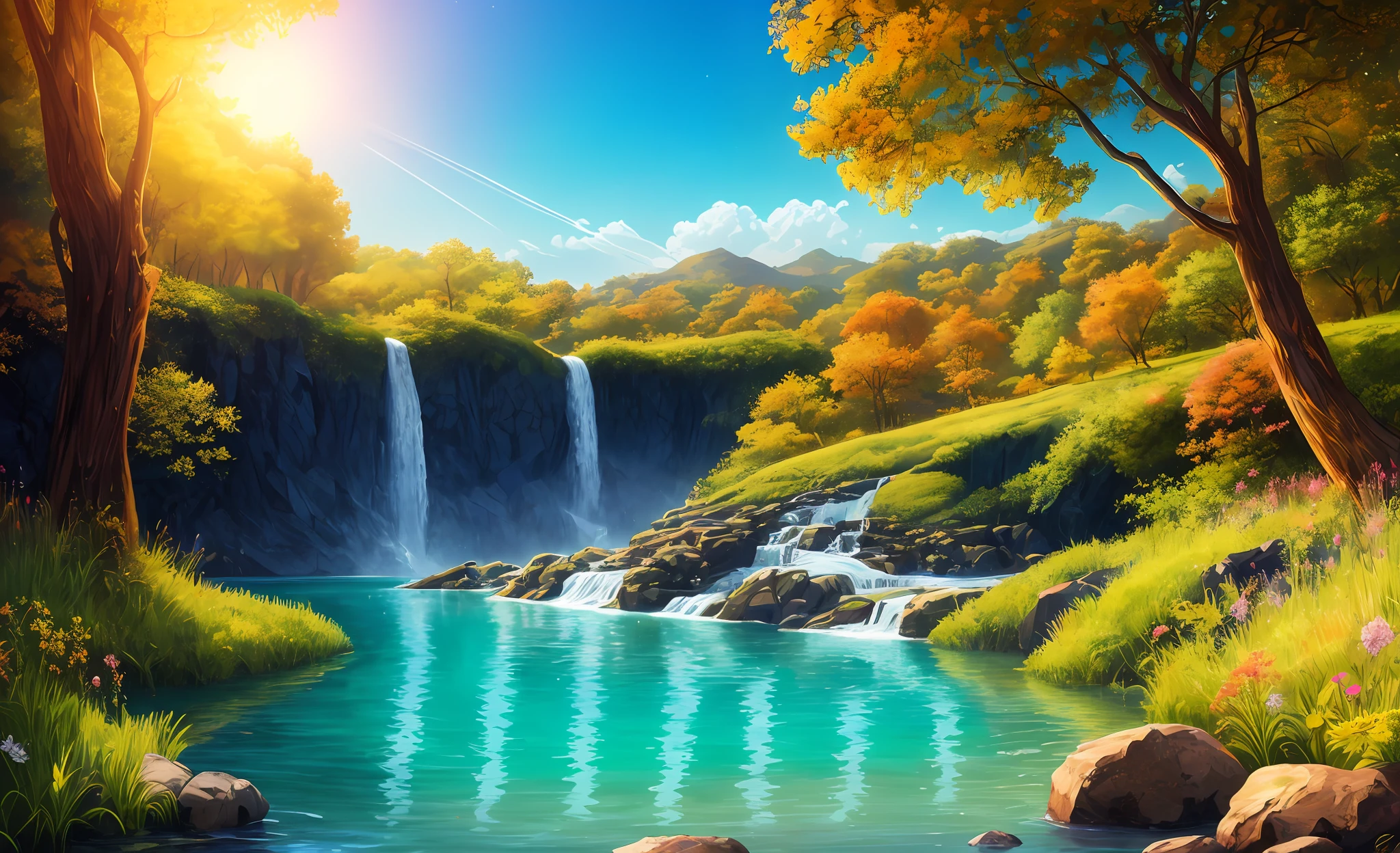 style, ChromaV5, nvinkpunk, (extremely detailed CG unit 8k wallpaper), an illustration of a bright and majestic waterfall cascading down a rocky cliff, illuminated by the bright sun, The water glows when it falls, casting a rainbow of colors, the surrounding landscape is lush and verdant, with tall trees and wildflowers, award-winning photography, chromatic aberration; Geometric shapes; Bokeh, Depth of Field, Photorealist, Detailed, Bloom, HDR, oil painting by John Singer Sargent, Frederic Church and Thomas Moran, trend in ArtStation, trend in CGSociety, art in the middle of the journey