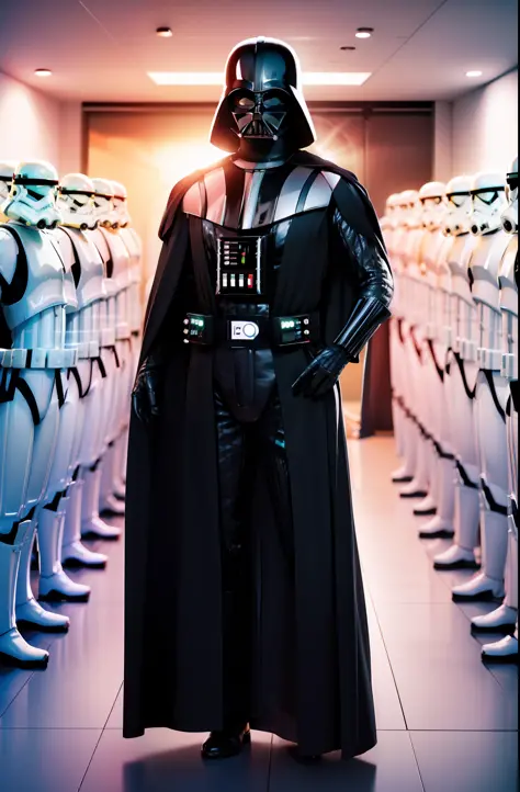 darth vader standing in front of a group of storm troopers in a starship,
black_outfit,hood, hood_up, boots, darth vader helmet,...