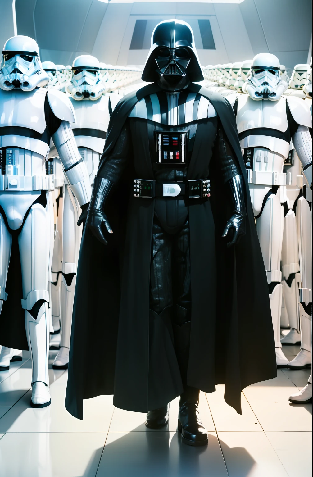 darth vader standing in front of a group of storm troopers in a Starship,
Black_outfit,hood, hood_up, boots, darth vader helmet,cape,armor, shoulder armor, armored boots,  
darth vader,
1 Man, looking at viewer,(closed mouth:1.0),
NSFW,official art,extremely detailed CG unity 8k wallpaper, perfect lighting,Colorful, Bright_Front_face_Lighting,
(masterpiece:1.0),(best_quality:1.0), ultra high res,4K,ultra-detailed,
photography, 8K, HDR, highres, absurdres:1.2, Kodak portra 400, film grain, blurry background, bokeh:1.2, lens flare, (vibrant_color:1.2)