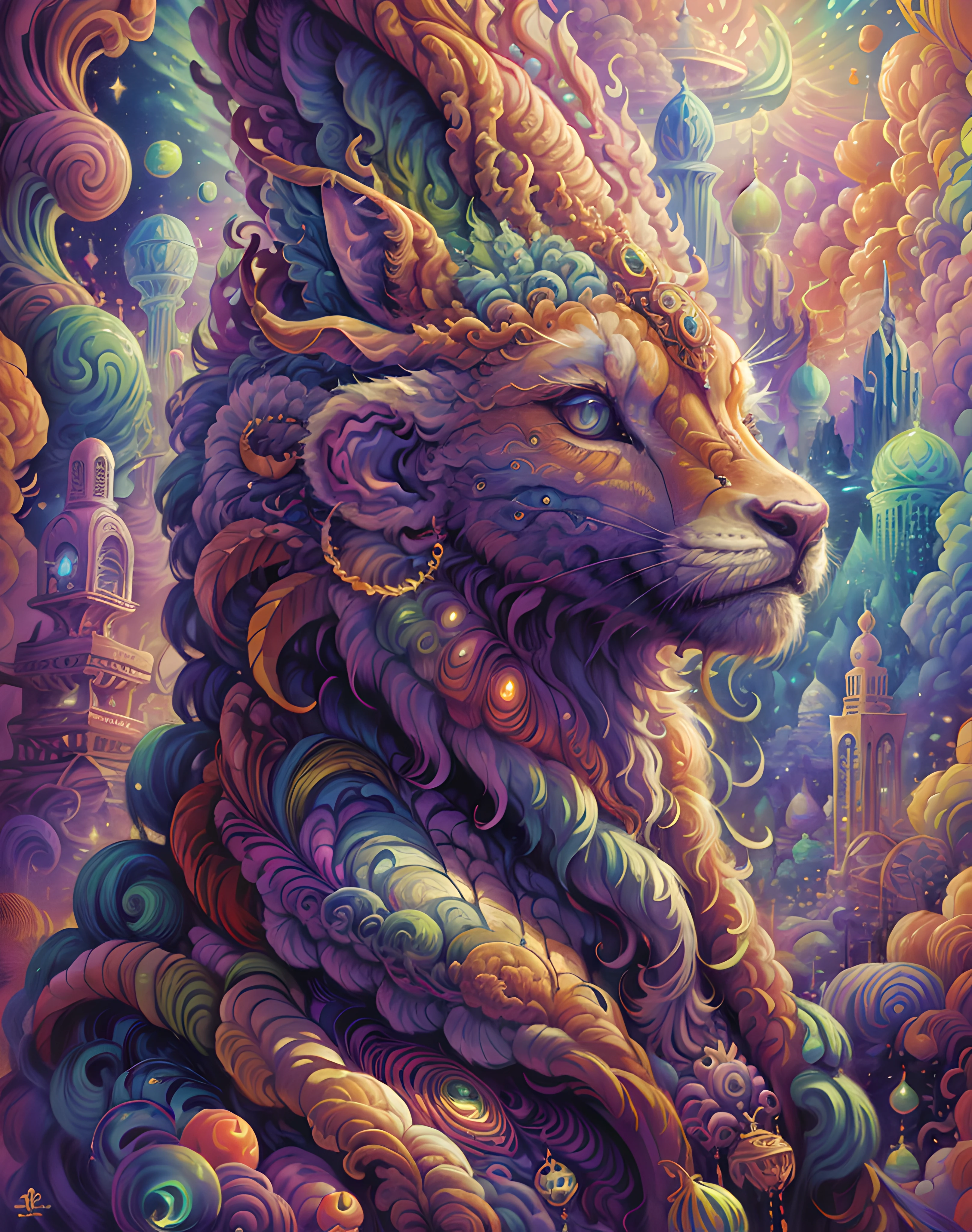 masterpiece, beautiful psychedelic entropy,best surreal masterpiece, top quality, best quality, official art, beautiful and aesthetic:1.2) , green skin godess and god standing on top of a mountain top holding eachother deer ,extreme detailed,colorful,highest detailed, official art, gold leaf ,glitter art ,unity 8k wallpaper, ultra detailed, beautiful and aesthetic, beautiful,fractal art, mystical and otherworldly, with intricate fur and piercing eyes, in the breathtaking mountain landscape of NCWinters ,alex grey ,psychedelic, dmt PsyAI