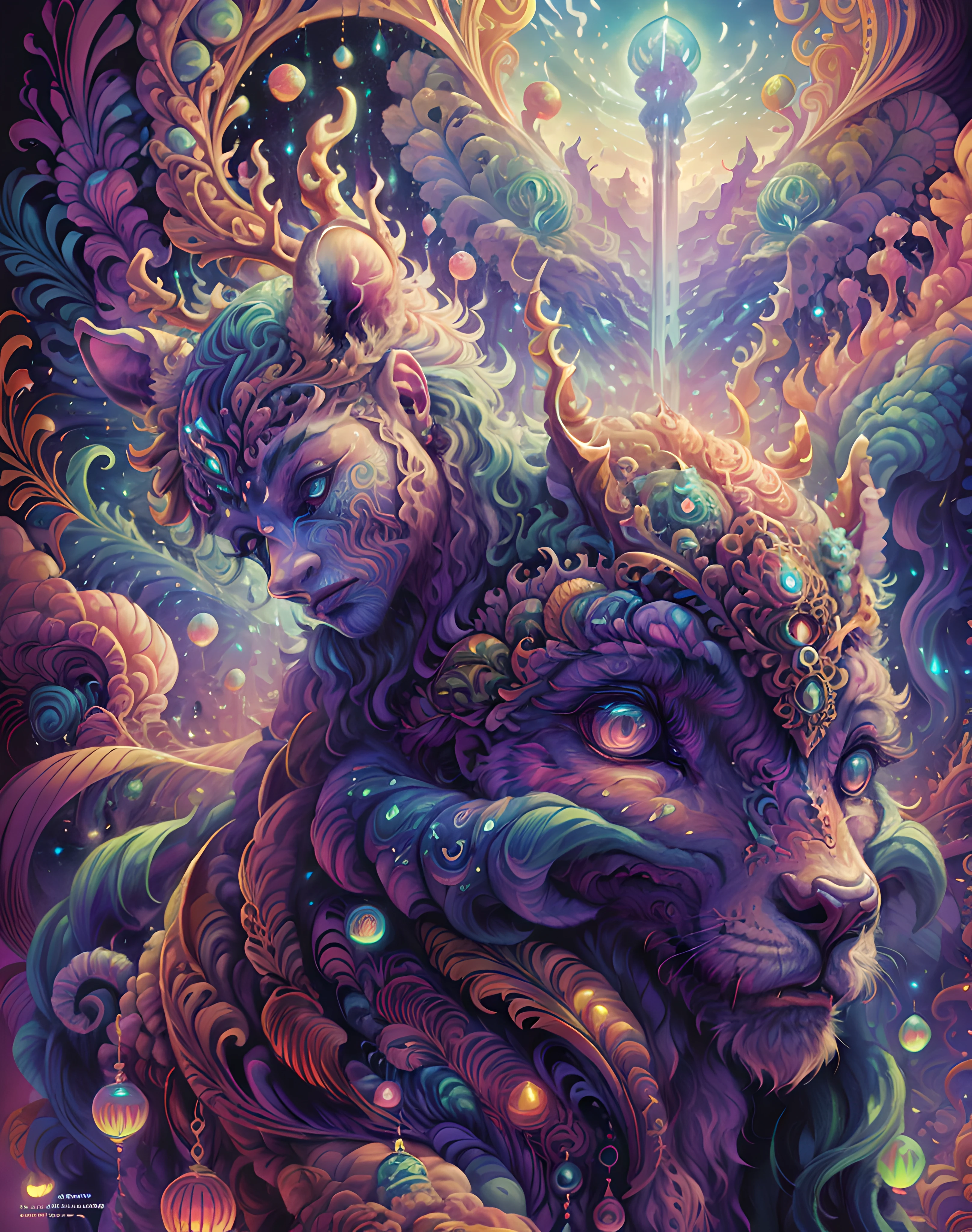 masterpiece, beautiful psychedelic entropy,best surreal masterpiece, top quality, best quality, official art, beautiful and aesthetic:1.2) , green skin godess and god standing on top of a mountain top holding eachother deer ,extreme detailed,colorful,highest detailed, official art, gold leaf ,glitter art ,unity 8k wallpaper, ultra detailed, beautiful and aesthetic, beautiful,fractal art, mystical and otherworldly, with intricate fur and piercing eyes, in the breathtaking mountain landscape of NCWinters ,alex grey ,psychedelic, dmt PsyAI