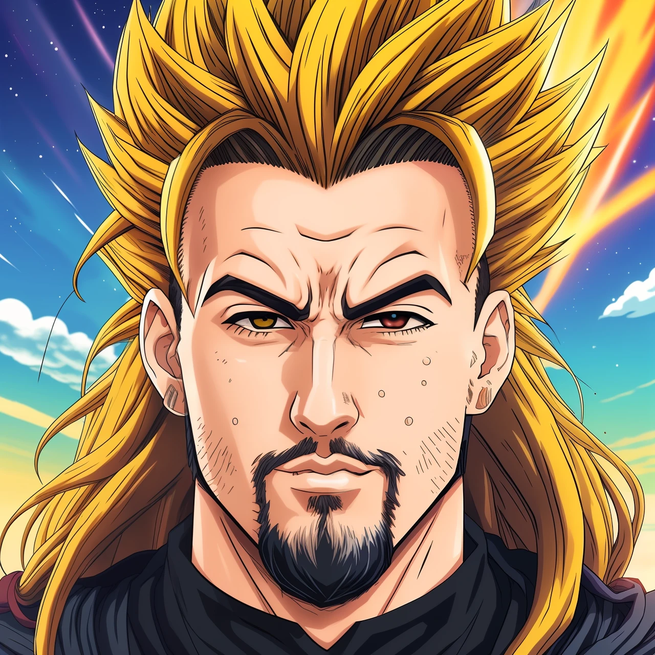 a man with long hair and a beard in front of a colorful sky, striking manga artstyle, Super Saiyajin 3, kentaro miura manga art style, Cabelo selvagem Saiyajin preto espetado, arte detalhada do personagem de anime, Super Saiyajin Joe Biden, Super Sayan, with vegeta head hair, personagem estilo anime, kentaro miura manga style