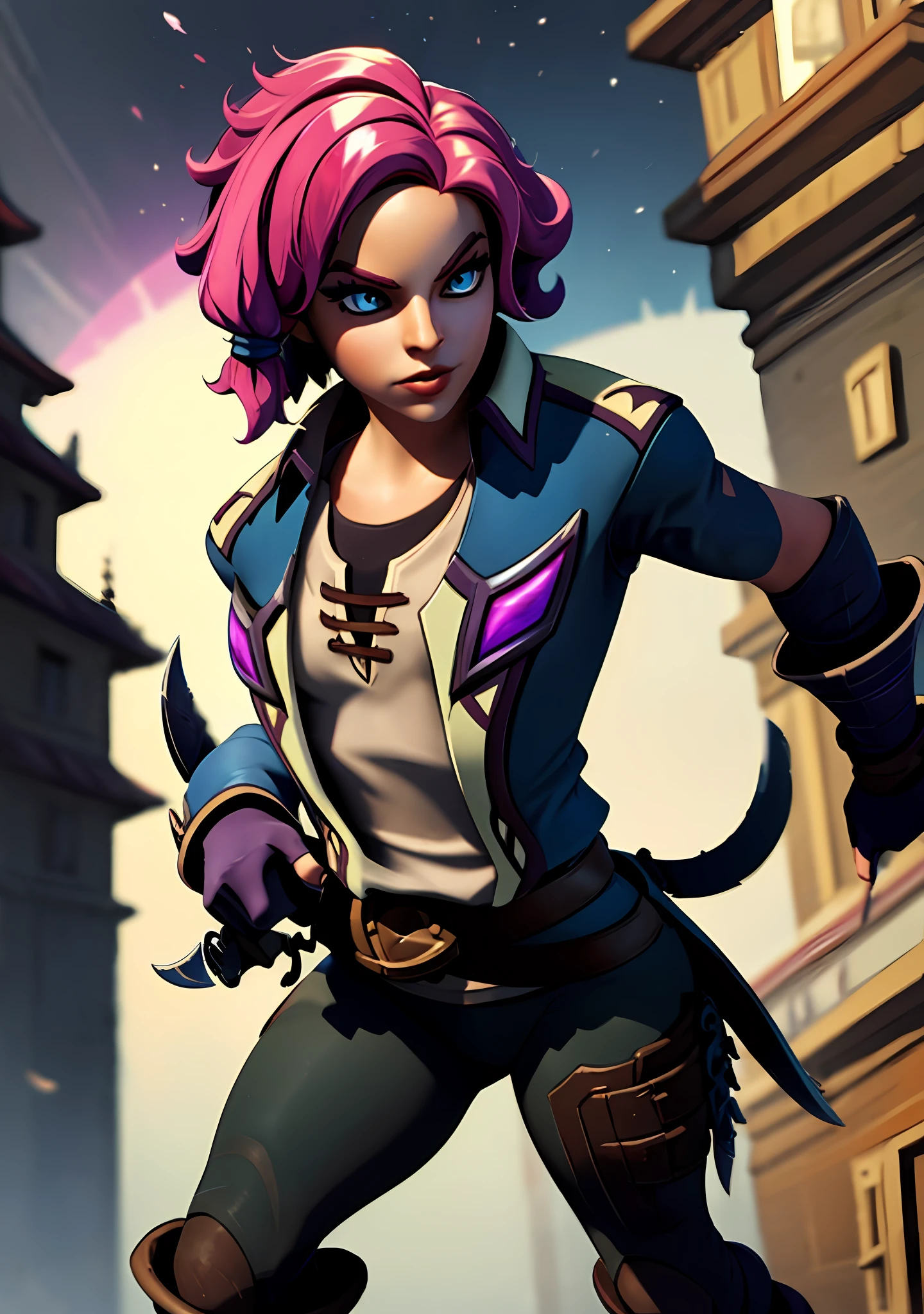 Uma personagem muito bonita, only 1 girl, Arte de corpo inteiro, looking-into-camera, wallpaper de jogo, Maeve de Paladins, throwing his blades, cabelo curto, cabelo rosa, olhos muito detalhados, olhos de gato azuis, Action Pose, arte oficial de jogo, fundo noturno, lua, noite, gata de rua,