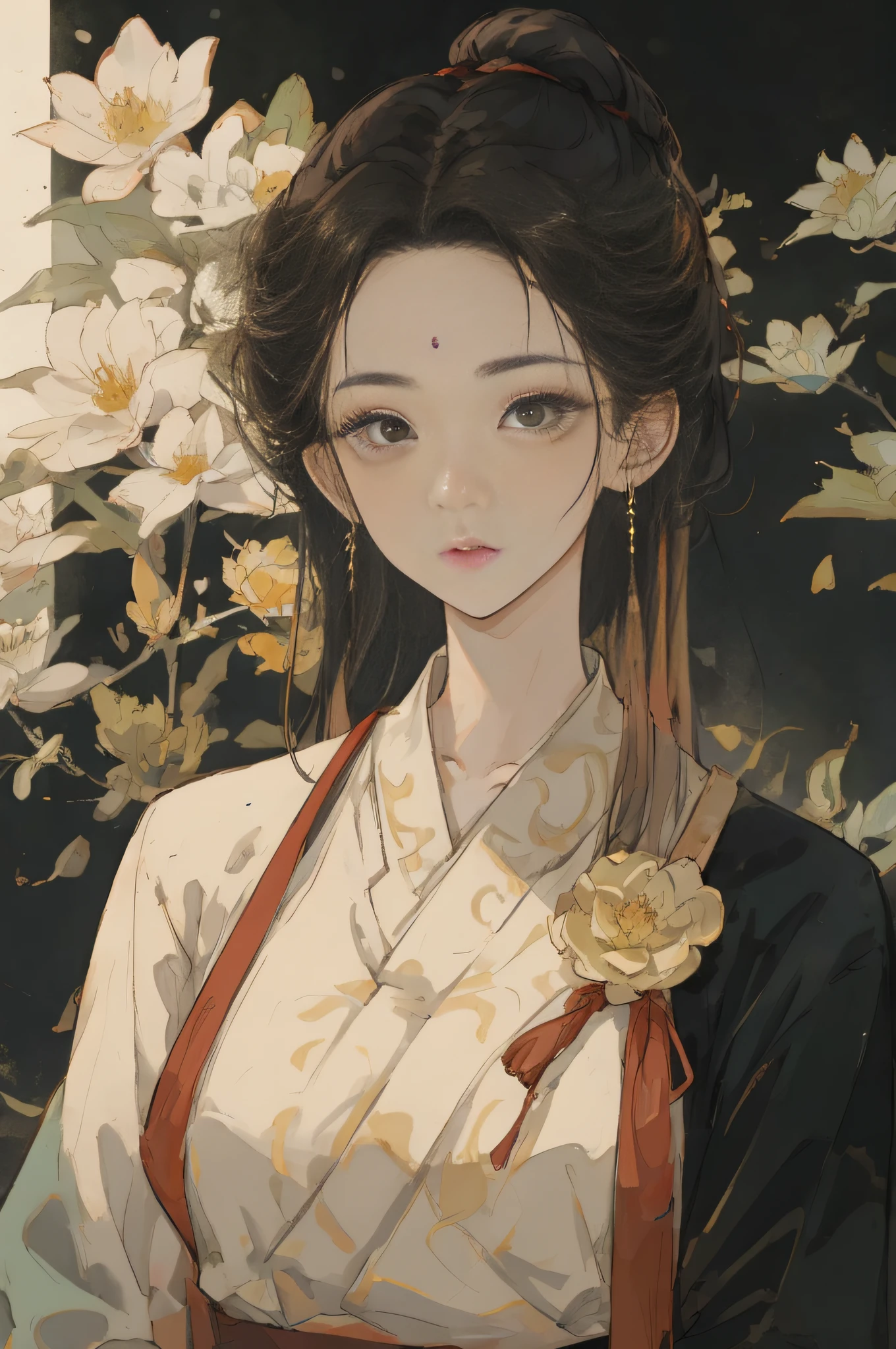 A girl with， Ancient Chinese clothing， A half body， sun beam， Clear face， Clean white background，florals， a masterpiece of， super detailing， Epic composition， uhdr， high qulity， Extremely detailled， offcial art， Uniform 8K wallpaper， super detailing， 32K，looks into camera，A half body，Close-up，looks into camera