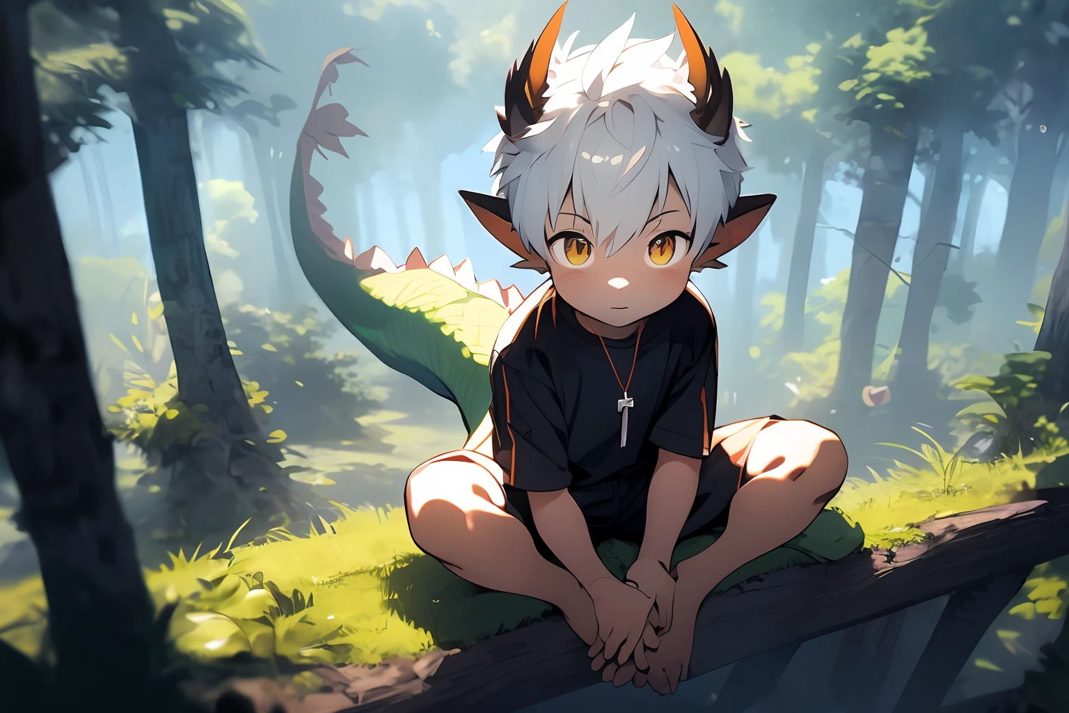 Imagem estilo anime de uma pessoa em pé na grama em frente à floresta, arte conceitual de Shitao, Irritado, arte peluda，tendências no artstation pixiv, Arte em estilo Guviz, lalafell, Guviz, Guweiz na ArtStation Pixiv, jovem dragão antro macho，Pelo branco，cabelo branco，Fotos em close，（ligeiramente gordo），sentar de pernas cruzadas，A perspectiva é de cima