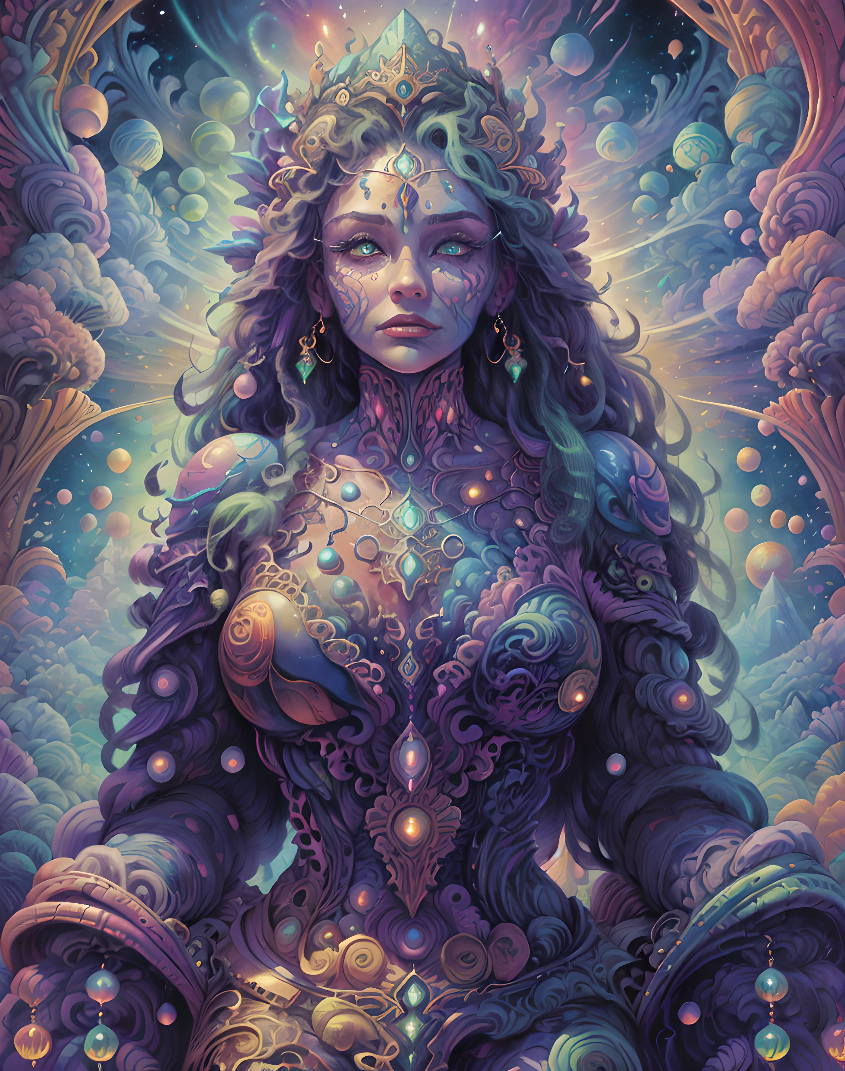 masterpiece, beautiful psychedelic entropy,best surreal masterpiece, top quality, best quality, official art, beautiful and aesthetic:1.2) , green skin godess and god standing on top of a mountain top holding eachother  ,whole body and legs,extreme detailed,colorful,highest detailed, official art, gold leaf ,glitter art ,unity 8k wallpaper, ultra detailed, beautiful and aesthetic, beautiful,fractal art, mystical and otherworldly, with intricate fur and piercing eyes, in the breathtaking mountain landscape of NCWinters ,alex grey ,psychedelic, dmt PsyAI