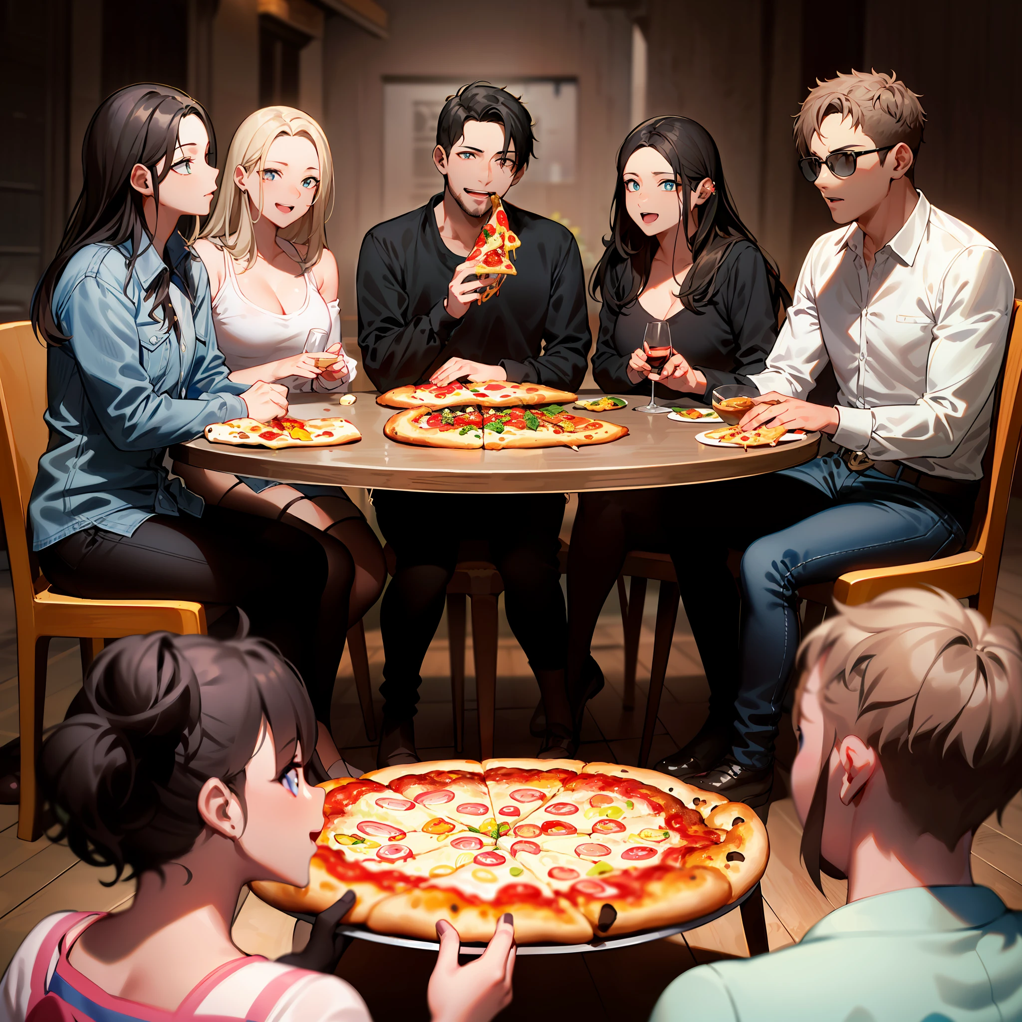 (hyper realist), (illustration), (high resolution), (8k), (extremely detaild), (best illustration), (beautiful detailed eyes), (best qualityer), (super verbose), (Masterpiece artwork), (wall-paper), (face detailed), 独奏, (dinamic pose), Group of 6 real people talking around a table, drinking wine and eating pizza, 8k sharpness in every image detail