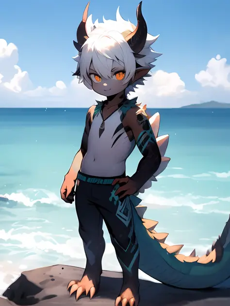 anime - style image of a young boy standing on a rock in front of the ocean, concept art by Shitao, Pisif, Furry art，trending on...