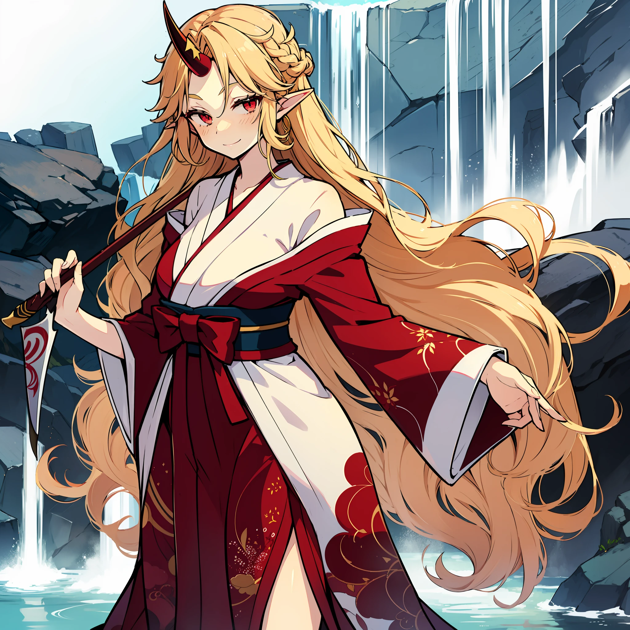 the anime pornstar with boobs standing in front of a waterfall holding onto a spear, 1girl, hoshiguma yuugi, breasts, solo, single horn, sarashi, blonde hair, horns, long hair, red eyes, pointy ears, japanese clothes, open kimono, smile, kimono,hoshiguma yuugi, blonde hair