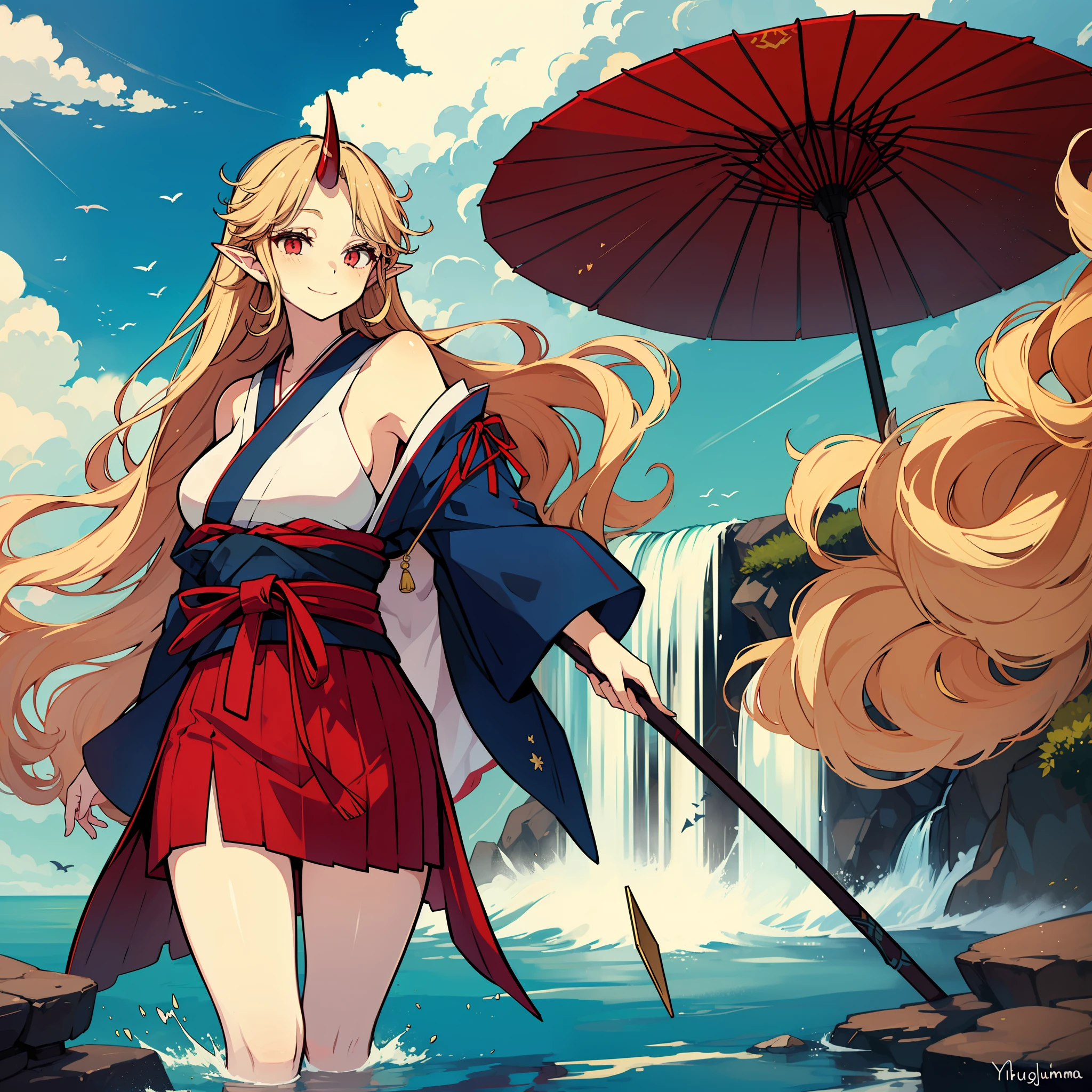 the anime pornstar with  standing in front of a waterfall holding onto a spear, 1girl, hoshiguma yuugi, breasts, solo, single horn, sarashi, blonde hair, horns, long hair, red eyes, pointy ears, japanese clothes, open kimono, smile, kimono,hoshiguma yuugi, blonde hair