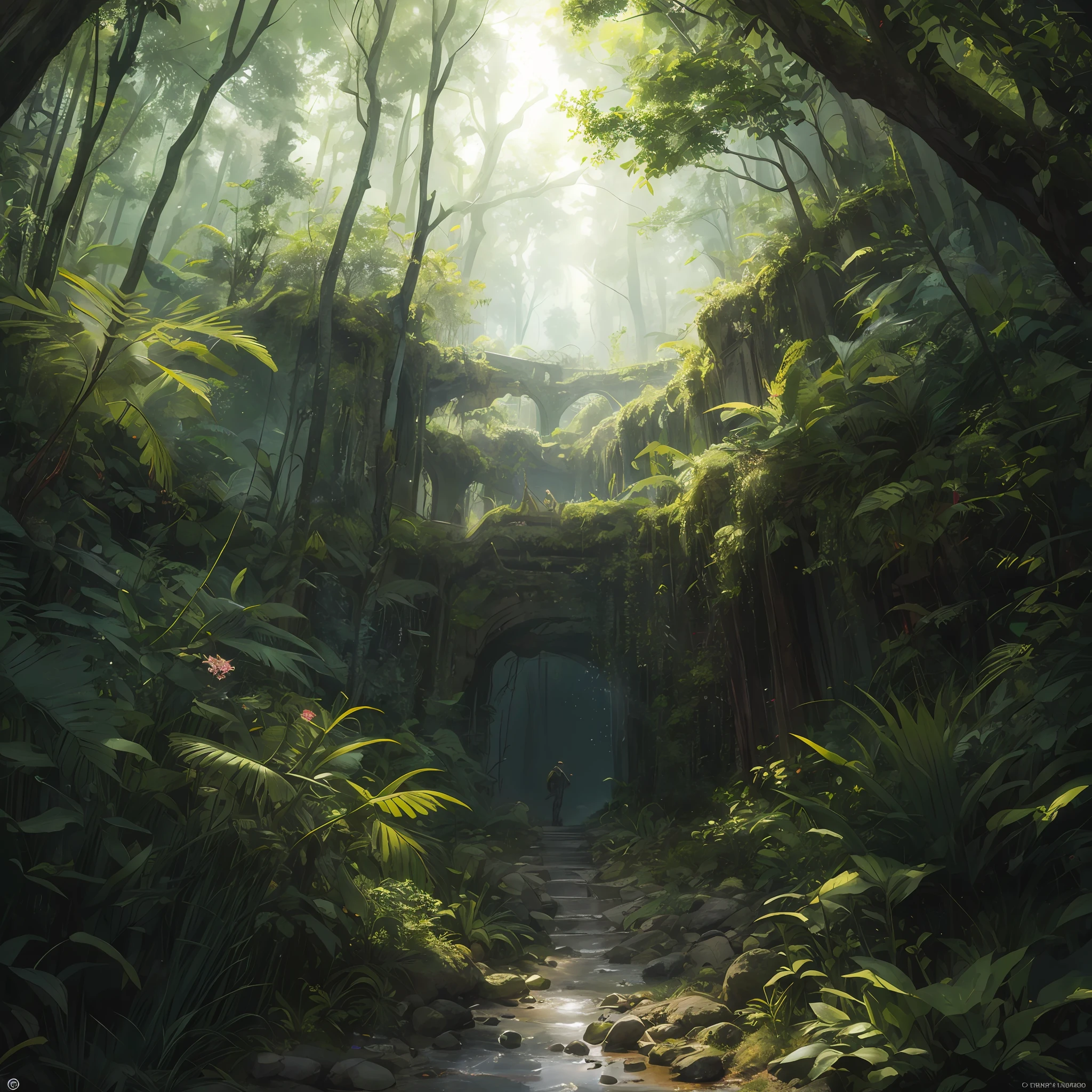 A detailed and intricate digital illustration of a dense jungle full of exotic flora and fauna, with sunlight filtering through the canopy creating a dappled effect. Yoshitaka Amano and Hayao Miyazaki&#39;s style, masterpieces, proportions, details, art station trends, beautiful lighting, realistic, intricate, award winning, 4k, highest quality award winning, 4K digital painting in the style of Yoshitaka Amano. A detailed and intricate depiction of the zombie apocalypse, masterfully capturing the chaos and drama of the scene. Beautiful lighting and cinematic composition make this piece a true masterpiece, trending on artstation