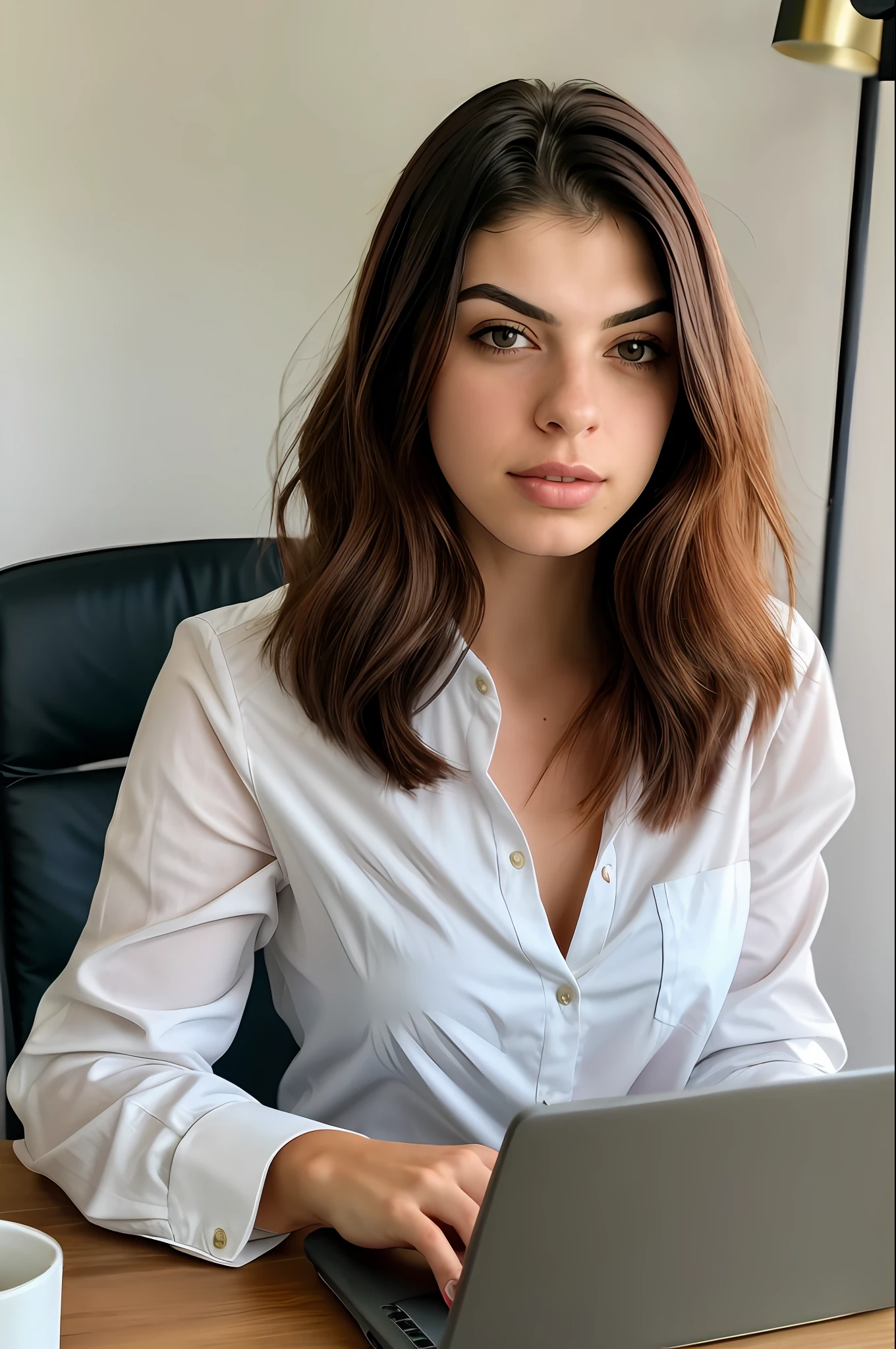 (sharp focus:1.2), photoshot, beautiful 23 year old girl, (beautiful  face:1.1), detailedeyes, lush lips, (cat eye makeup:0.85), (wavy hair), (hair blonde), (Caucasian female), using (white female social suit) woman sitting at a desk with a laptop and papers, working on his laptop, in front of a computer, sitting down em frente ao computador, working on a laptop at a desk, home office, jovana rikalo, young business woman, typing on laptop, sitting down, creative coder with a computer, (grumpy lighting: 1.2), Depth of field, bokeh, 8K, photoshot realista, super detailed