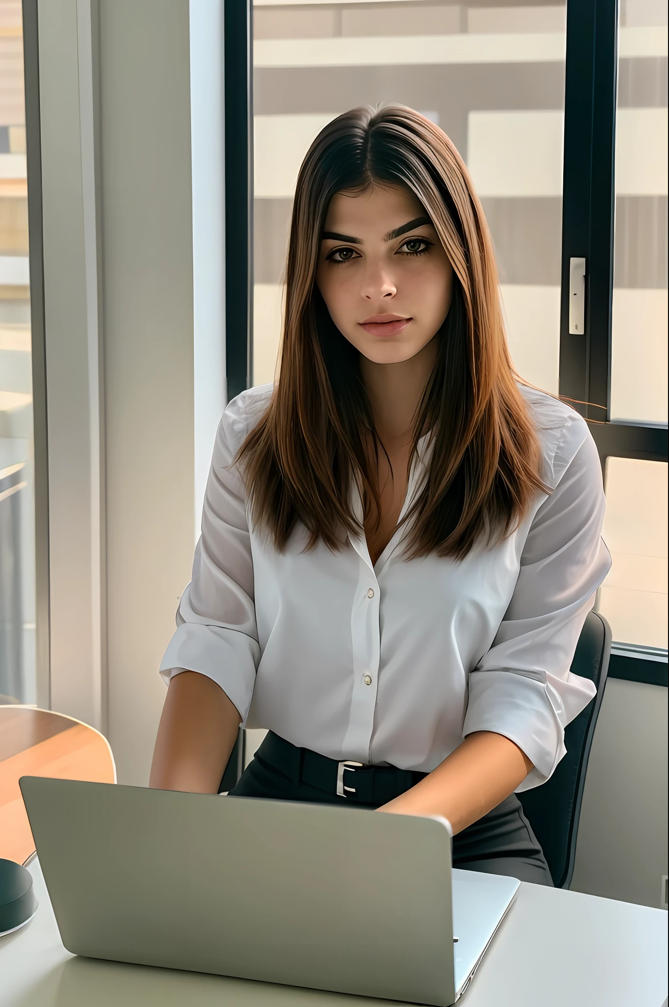 (sharp focus:1.2), photoshot, beautiful 23 year old girl, (beautiful  face:1.1), detailedeyes, lush lips, (cat eye makeup:0.85), (wavy hair), (hair blonde), (Caucasian female), using (white female social suit) woman sitting at a desk with a laptop and papers, working on his laptop, in front of a computer, sitting down em frente ao computador, working on a laptop at a desk, home office, jovana rikalo, young business woman, typing on laptop, sitting down, creative coder with a computer, (grumpy lighting: 1.2), Depth of field, bokeh, 8K, photoshot realista, super detailed