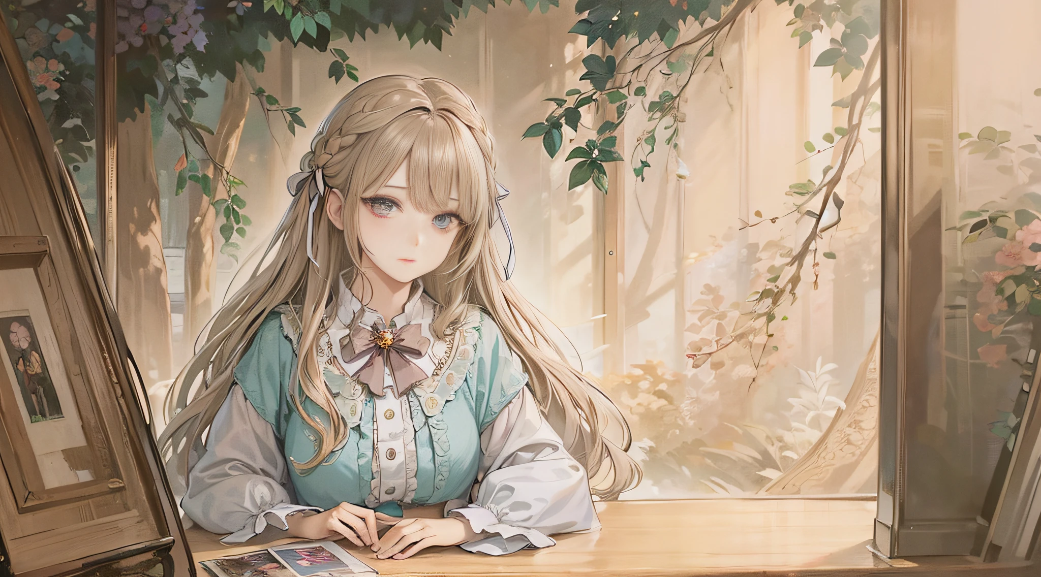 anime girl sitting at a table with a book and a book, high detailed official artwork, detailed portrait of an anime girl, Soft anime illustration, a beautiful anime portrait, Detailed digital anime art, Portrait of an anime girl, digital anime illustration, portrait anime girl, anime visual of a cute girl, portrait of lolita, anime girl with long hair, Beautiful anime girl