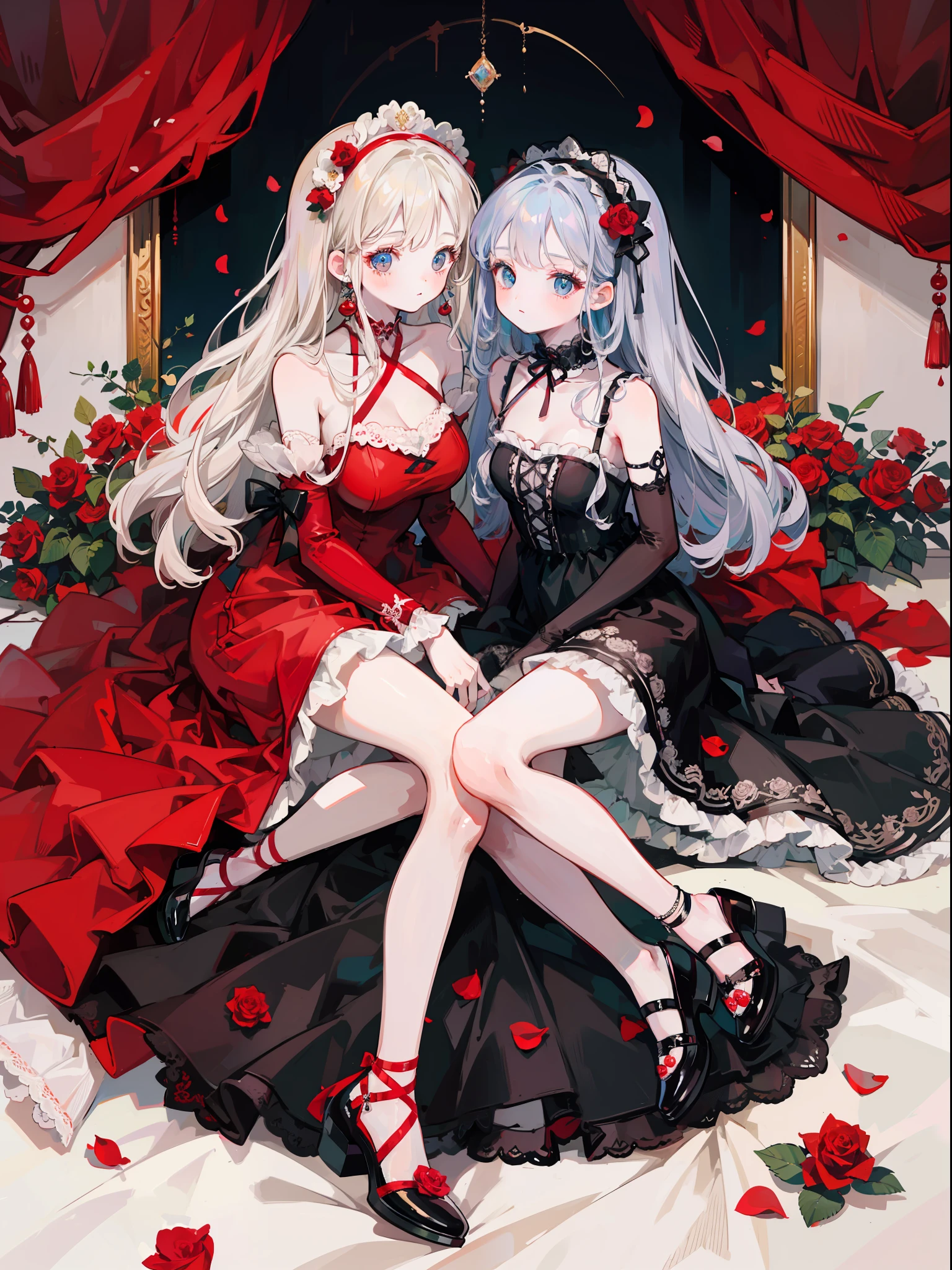 Two 3 year old girls、Rose Maiden、Two people love each other、doll、fullllbody、Lots of rose petals on the background、Impressive eyes、Lashes、lower eyelashes、Delicate lace、Delicate frills、Beautiful Gothic Dresses、Red roses in the background、Arrangement with Sense、Extremely high quality、high-level image quality、Extremely delicate drawing