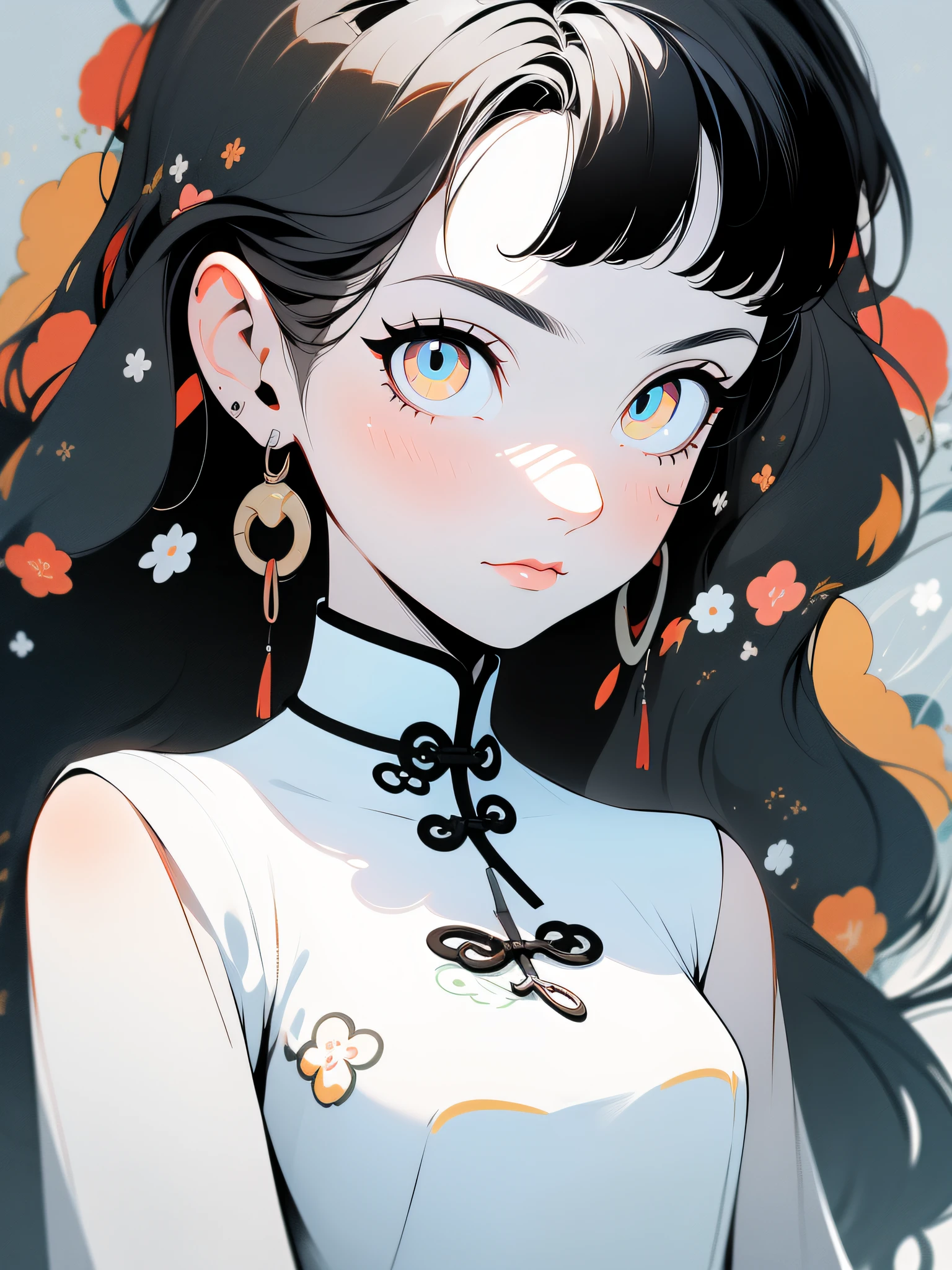 A delicate Chinese girl，Gentle eyes，Black pupils，Clear glowing eyes，Flat viewing angle，White top，Simple light，The picture is above the chest，No hands，Ren，Clean color matching， vectorial art，（（Maximalism））hugetits