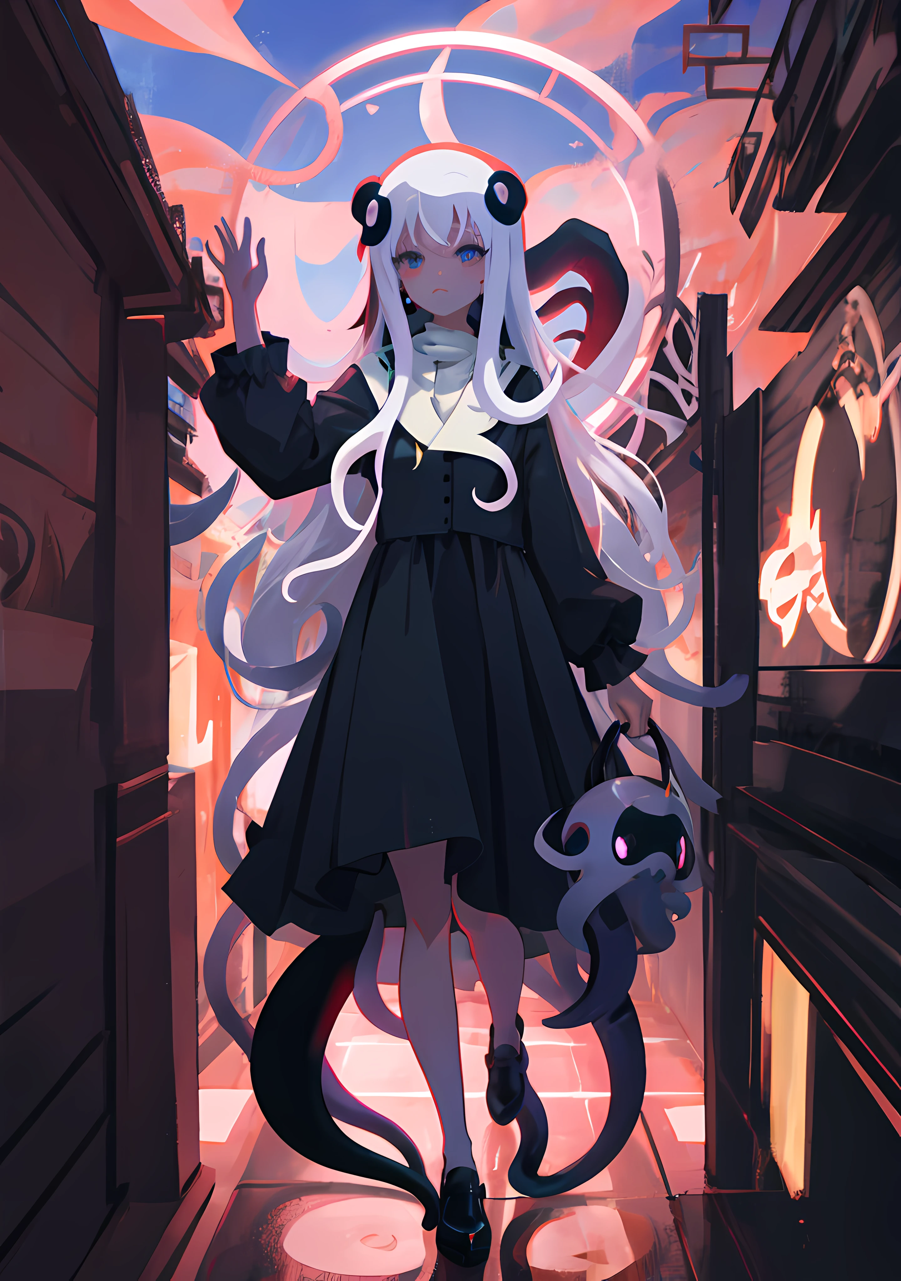 Anime girl with long white hair and black dress standing in a hallway -  SeaArt AI