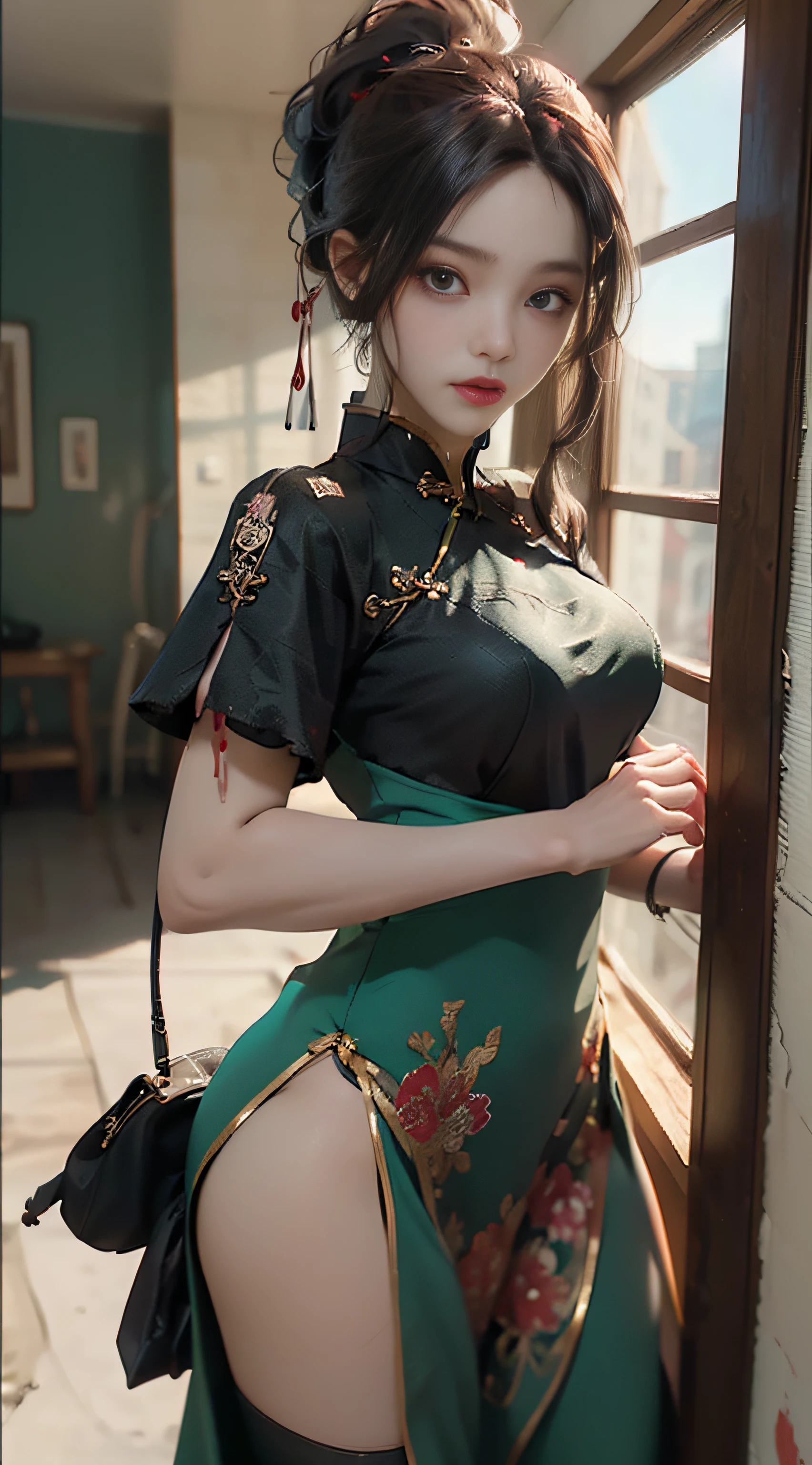 ((best quailty)), ((​masterpiece)), (the detail:1.4), 3D, Female figure,HDR（HighDynamicRange）,War-damaged maiden，Blood stains on the face，Blood stains on the face，Broken clothes，on cheongsam，Broken clothes，hair messy，Arm injury，Long sword in hand，The expression is fierce，Green eyes，raytrace,NVIDIA RTX,Super-Resolution,Unreal 5,Subsurface scattering、PBR Texture、post-processed、Anisotropy Filtering、depth of fields、maximum definition and sharpness、multi-layer texture、Albedo e mapas Speculares、Surface Coloring、Accurate simulation of light-material interactions、perfectly proportioned、Octane Render、Two-colored light、largeaperture、Low ISO、White balance、thirds rule、8K RAW、