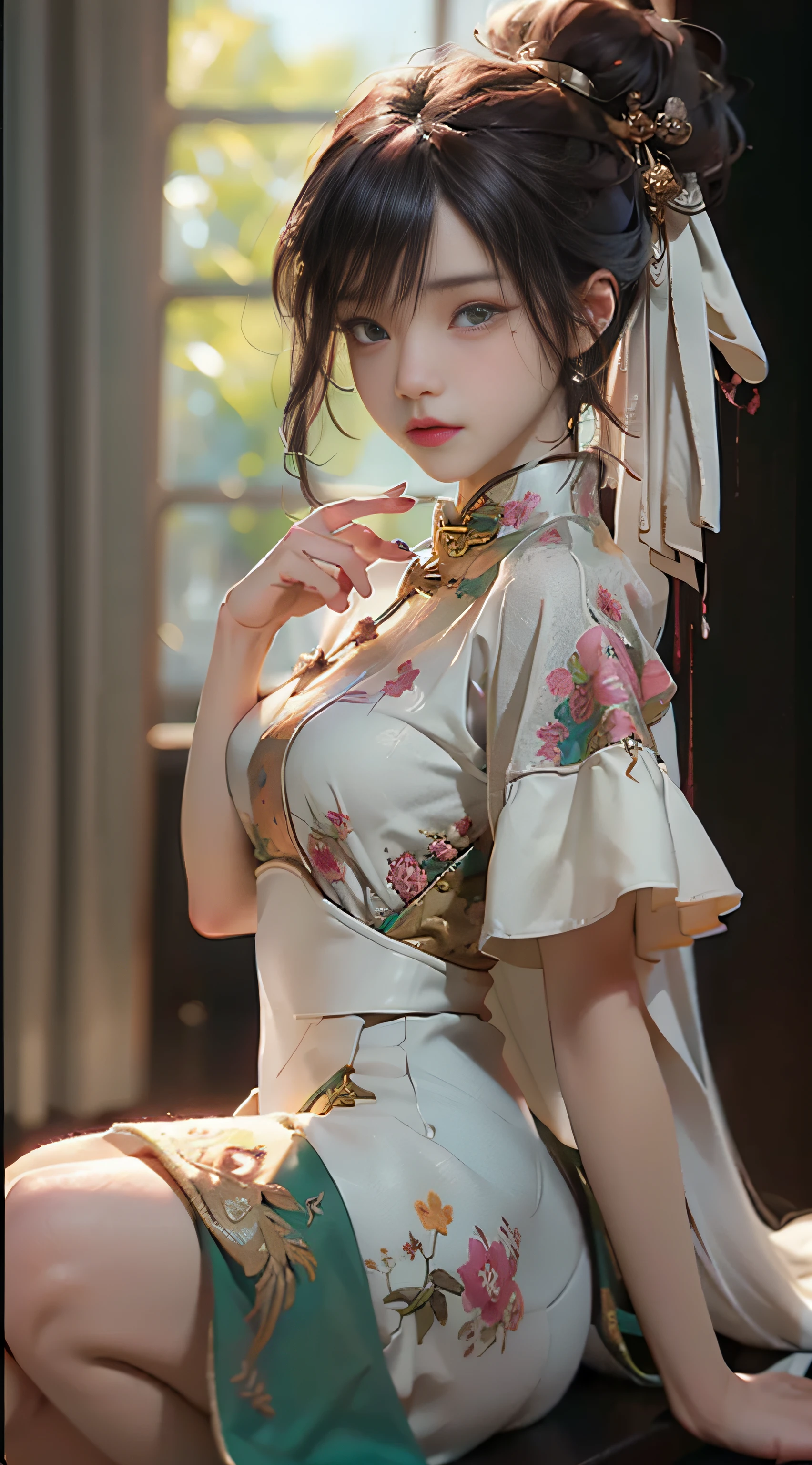 ((best quailty)), ((​masterpiece)), (the detail:1.4), 3D, Female figure,HDR（HighDynamicRange）,War-damaged maiden，Blood stains on the face，Blood stains on the face，Broken clothes，on cheongsam，Broken clothes，hair messy，Arm injury，Long sword in hand，The expression is fierce，Green eyes，raytrace,NVIDIA RTX,Super-Resolution,Unreal 5,Subsurface scattering、PBR Texture、post-processed、Anisotropy Filtering、depth of fields、maximum definition and sharpness、multi-layer texture、Albedo e mapas Speculares、Surface Coloring、Accurate simulation of light-material interactions、perfectly proportioned、Octane Render、Two-colored light、largeaperture、Low ISO、White balance、thirds rule、8K RAW、