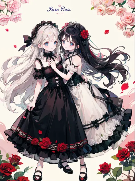 Two girls、Smiling and looking at each other、Rose Maiden、Two people love each other、doll、fullllbody、Lots of rose petals on the ba...