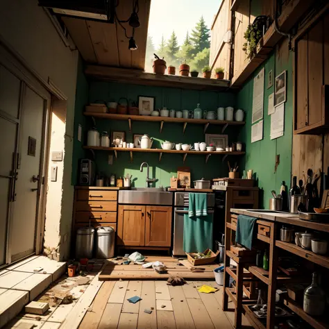 abandoned houses、cuisine、kitchin、tableware、pans、dojunkai apartment surreal and very detailed illustration、image with objects ver...