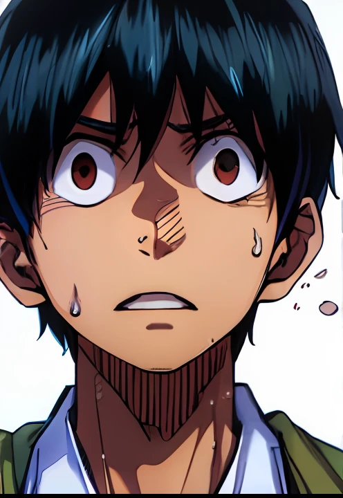 ein Anime eines Mannes mit schwarzen Haaren, Schweiß, weißes Hemd, schockiert, Farbmanga, Manga-Farbe, Farbmanga, Farbmanga panel, Einfacher Hintergrund, ein weißer Hintergrund
