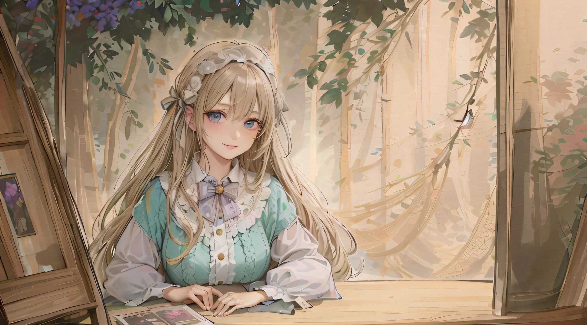 Anime girl sitting at table looking at a book, The book is at hand，high detailed official artwork, detailed portrait of an anime girl, Soft anime illustration, a beautiful anime portrait, Detailed digital anime art, Portrait of an anime girl, digital anime illustration, portrait anime girl, anime visual of a cute girl, portrait of lolita, anime girl with long hair, Beautiful anime girl smiles naturally，Hands are natural