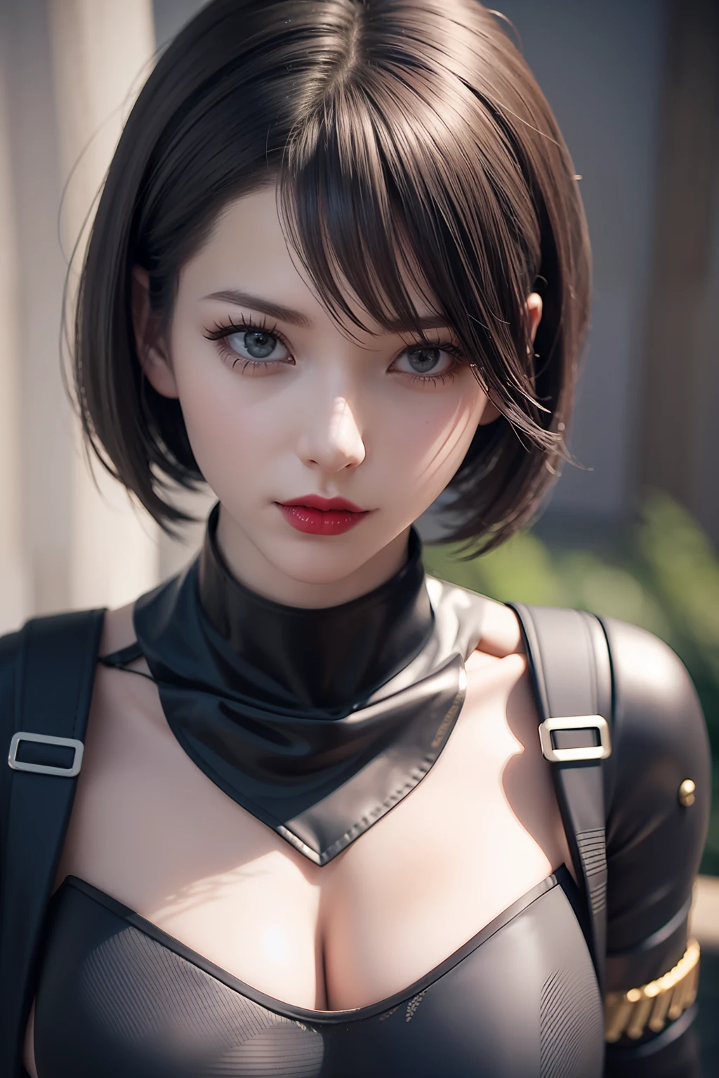 Hot bust to waist beauty anime girl /// (Character) wearing detailed combat body suit with scarf, upperbody shots, detailed skin, face sharp focus, detailed eyes and pupils (and red lips), detailed bob cut hair, intricate details and sharp, masterpiece, global illumination, real shadow, bokeh, best quality, photorealistic, realistic, 8k, 3d