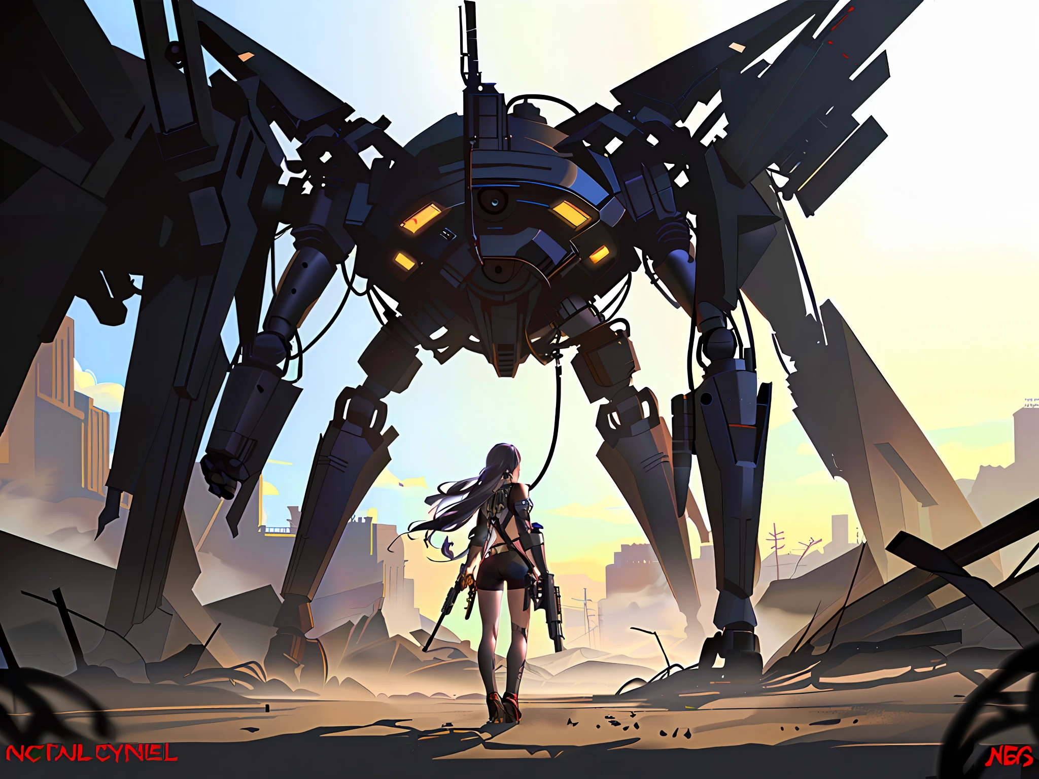 gal girl，blue long hair，Mechanical feel，cyperpunk，Side rear，arma，The background is wasteland