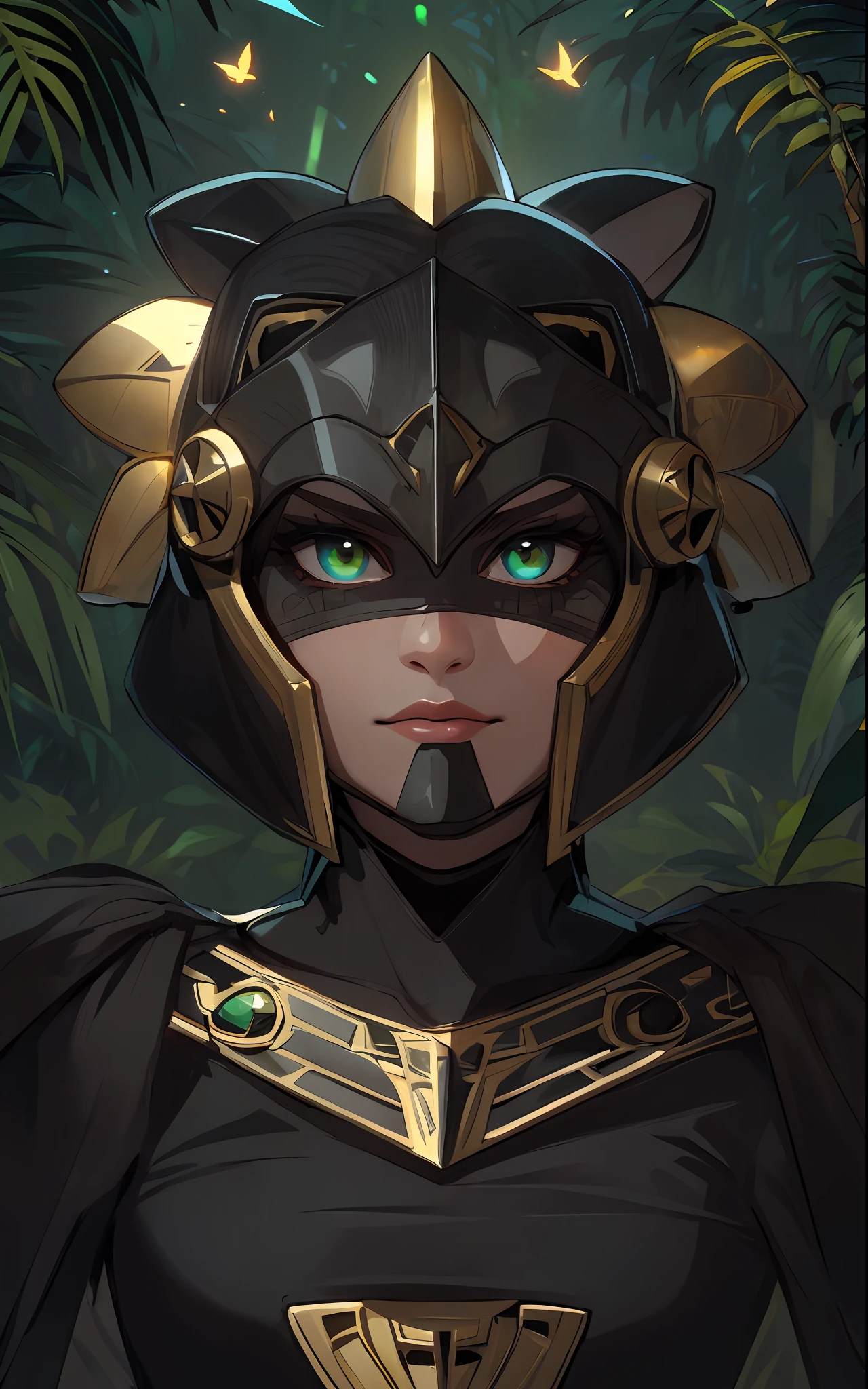 masterpiece, best quality, 8k, artstation, wallpaper, official art, welcome art, sharp focus, 1 girl, sexy, jungle background, fireflies, jaguar warrior, jaguar helmet, feather shoulder pads, stars, magic, image beautiful, a paladin in armor, serious gesture, black armor, golden helmet, golden details, green, emerald and jade colors, intricate, elegant, (solo), mature, horus warrior, large breasts, royal makeup, futuristic Egypt, helmet of bird head, robe, shiny armor, full body, alone, dark space, dim light, muted color, realistic, photorealistic, aztec armor, warrior, engraving, armor (masterpiece, best quality: 1.3),