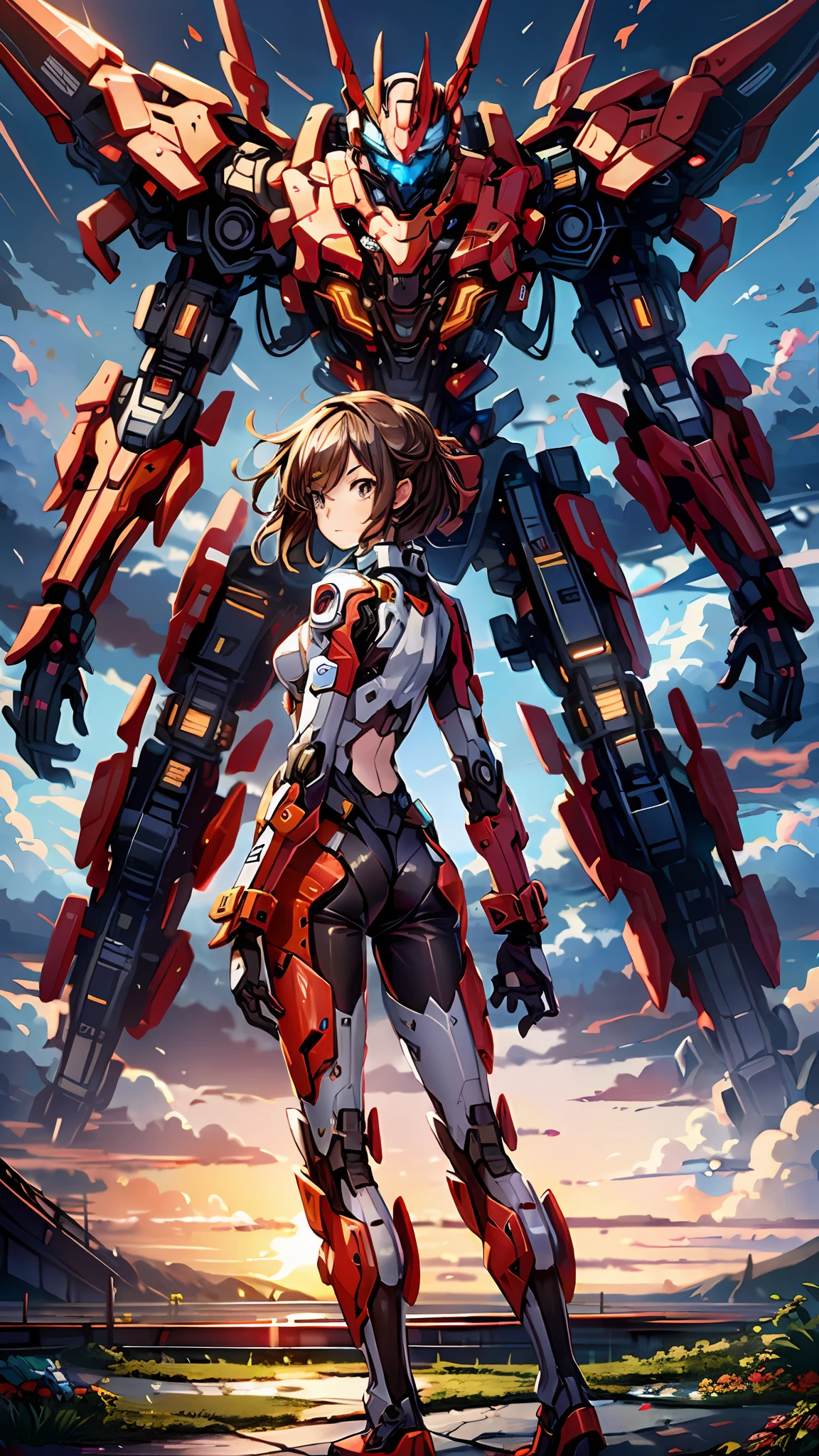 A woman standing in front of a giant robot with a sky background - SeaArt AI