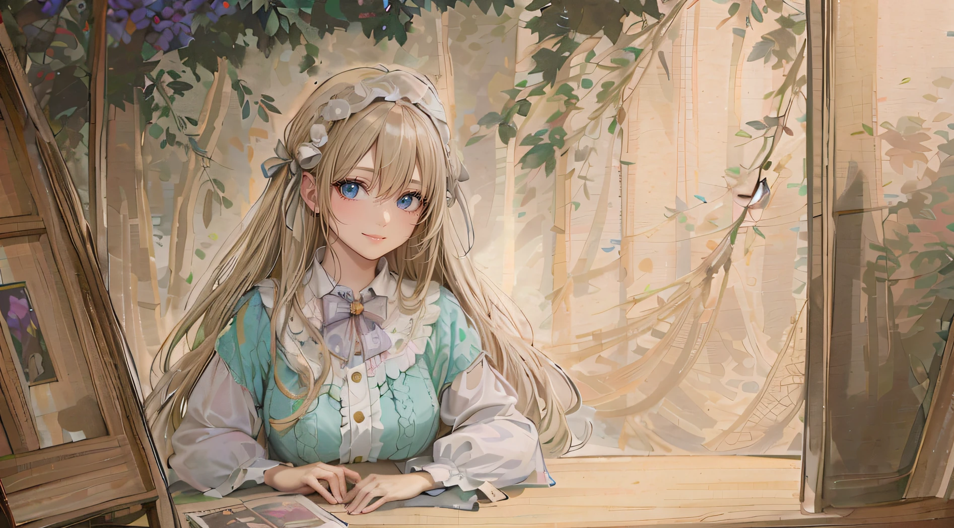 Anime girl sitting at table looking at a book, The book is at hand，high detailed official artwork, detailed portrait of an anime girl, Soft anime illustration, a beautiful anime portrait, Detailed digital anime art, Portrait of an anime girl, digital anime illustration, portrait anime girl, anime visual of a cute girl, portrait of lolita, anime girl with long hair, Beautiful anime girl smiles naturally，anime hands，The painting style is harmonious，The eyes are meticulous