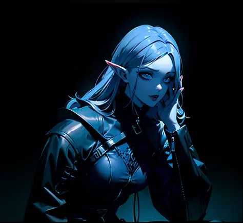 sinister dark elf with stunning blue eyes and skin as dark as charcoal, Aqua hair rising tall in the midst of a mystical realm. ...