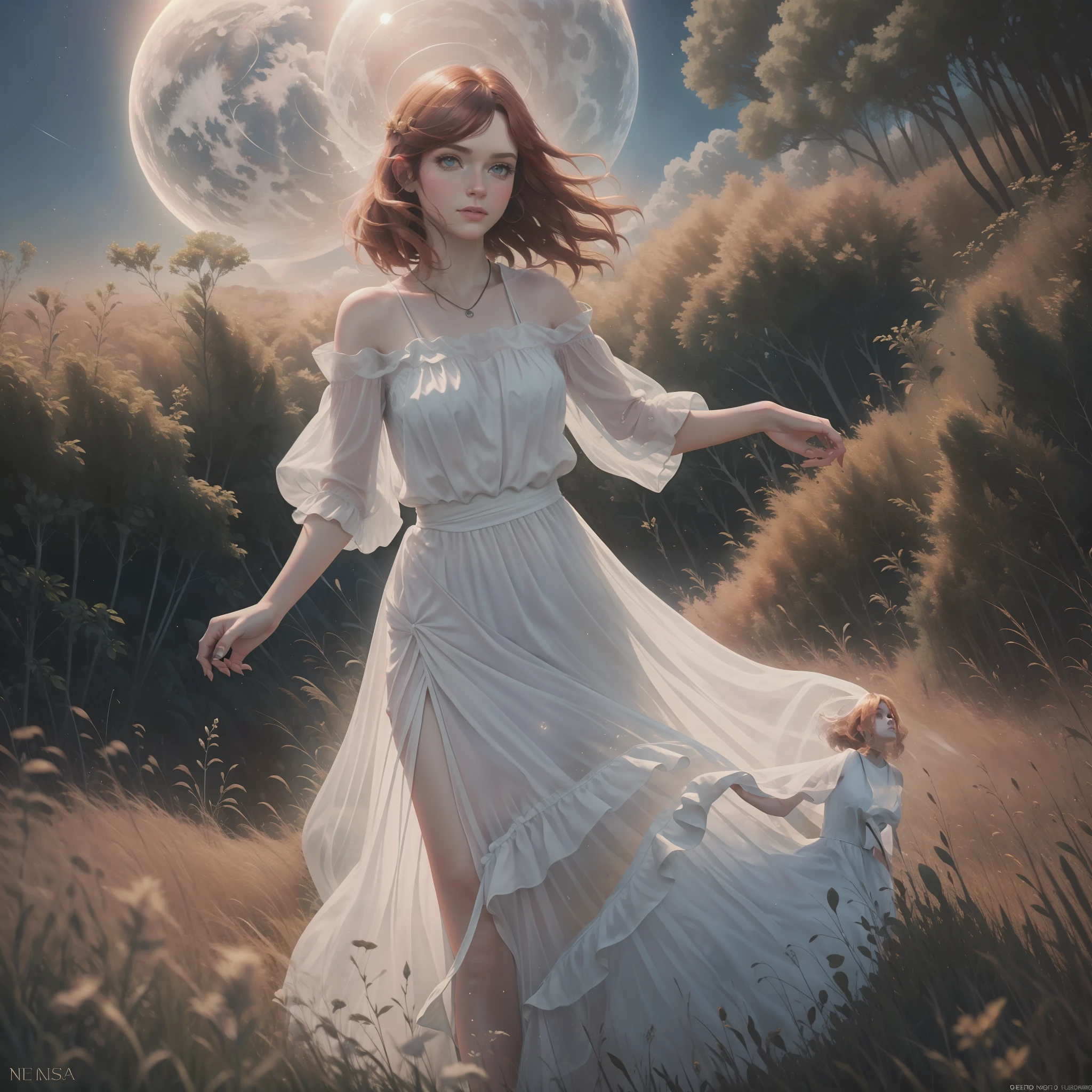 Florence Welsh (Florence and Machine) com vestido delicado de seda branca, coroa delicada de flores, levitating full in space, behind is the planet Earth, ela olha para o observador, Photographer from the bottom up, luz solar, (8k, Foto RAW, fotorrealista:1.25), ( Lip gloss, Cilia, lado brilhante, pele brilhante, melhor qualidade, ultra high-resolution, profundidade de campo, luz ampla, sombras naturais), (dreamy and romantic compositions: 1.5), 1Menina, (sky witch: 1.5), deusa da beleza alta e fina, Flowing dress, menina conservadora, deusa das nuvens, tecido de realidade fluida, wearing flowing dress, Realistic, blue sky in the background, (vento: 1.5), (metade: 1.5),