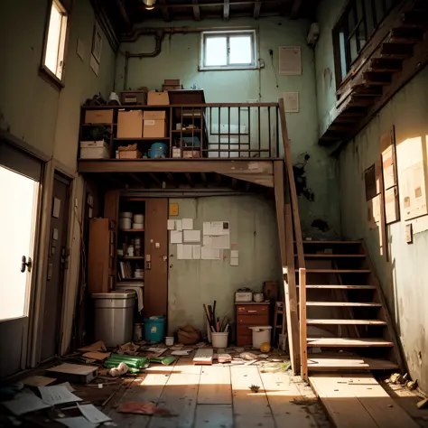 abandoned houses、cuisine、dojunkai apartment surreal and very detailed illustration、image with objects very loaded、viewpoint from...